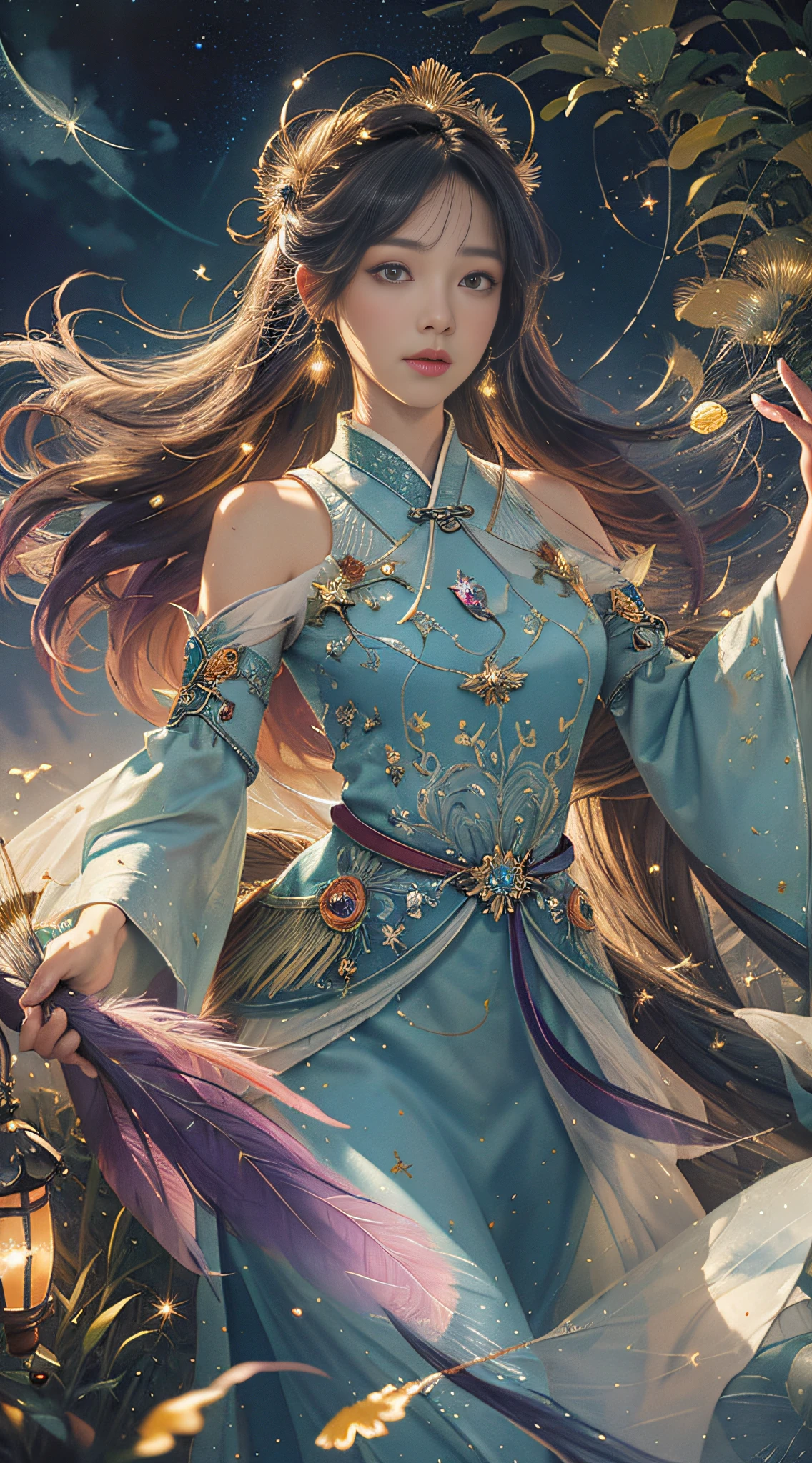 (Masterpiece, Top Quality, Best Quality, Extreme Detail, Supreme Detail, Official Art, Beauty and Aesthetics: 1.2), Colorful, Denim Lens, Upper Body Shot, Beautiful Face, Solo, Perfect Body, (On Sky Clouds: 1.6), Fairy, Flowing Streamers, Sun Rays, Clouds, Full Body, Hanfu, Chinese Clothes, White Dress, Water, Fireflies, Night, Starry Sky, Jewelry, Feathers on Dresses, Peacock Feathers, Light Particles, Volume Lighting, ray tracing (flowing streamers: 1.1), (fantasy novels: 1.2), illuminators, stars, fantasy, high contrast, ink strokes, overexposure, purple and red tone impressions, abstract, (watercolors by John Berkey and Jeremiman)) brush strokes,