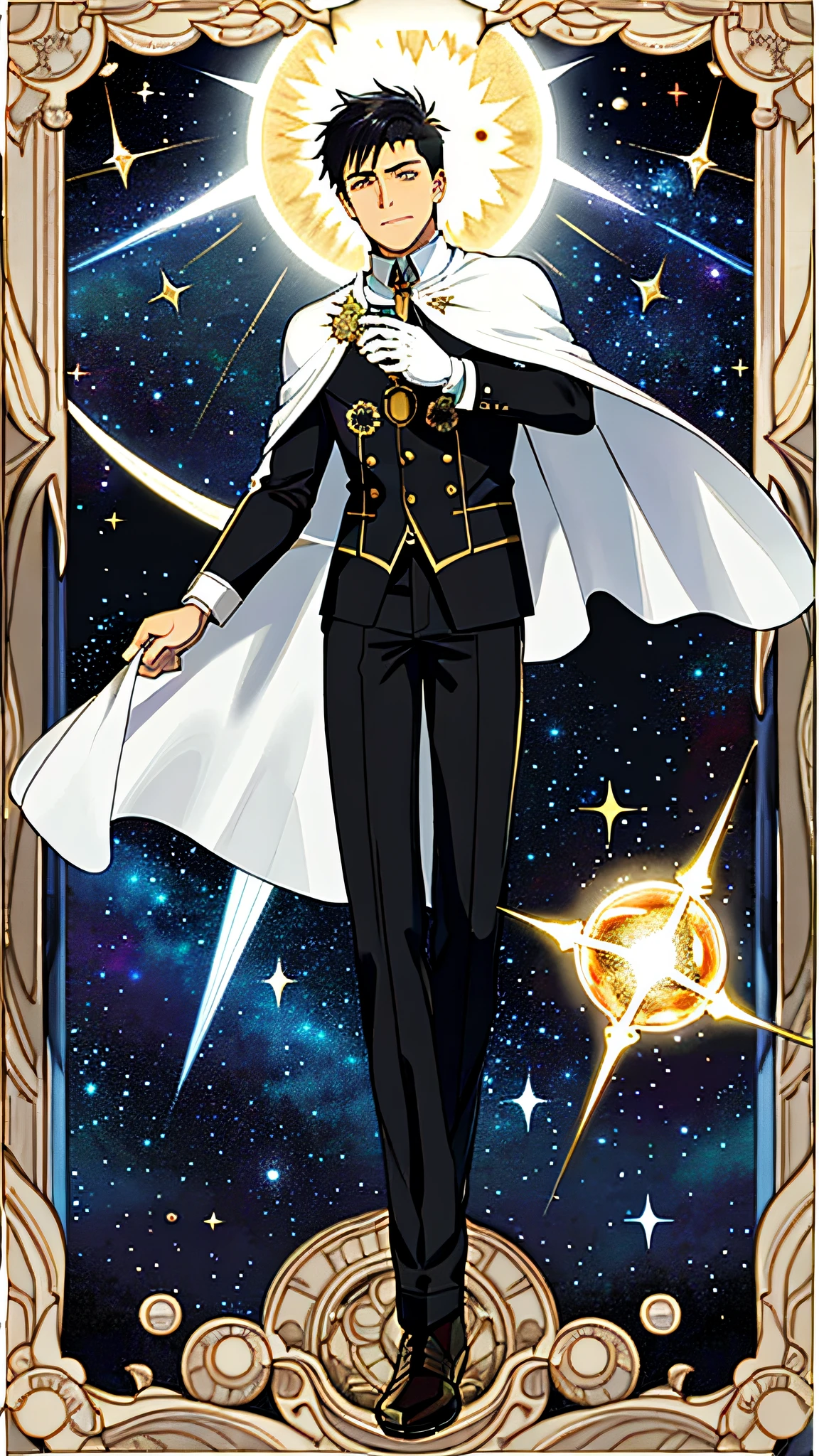masterpiece, best quality, full body, card, 1 man, eclipse, space, galaxy, short hair, black hair,  brush cut, standing, black and white, sun, moon, white,  buzz cut, bara, muscle, god, divine, cape, halo, center, best pose, etherious, crystal,man, power, magic, hand using magic, golden, royal