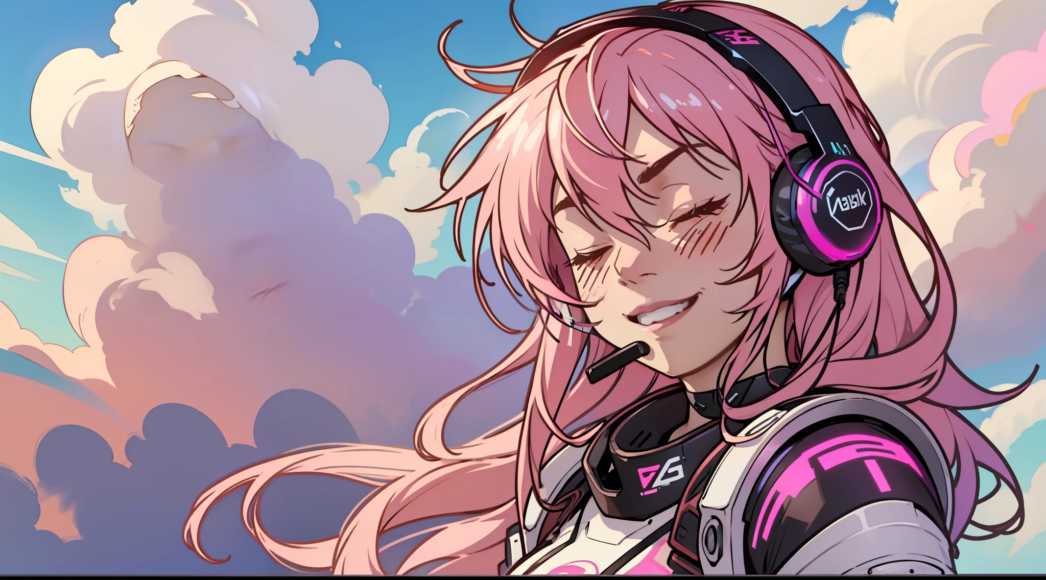 Woman with peace sense headset, closed eyes, beautiful face, RGB colors, anime pink hair, banner for youtube video, happy girl, clouds with RGB colors., bright RGB colors.