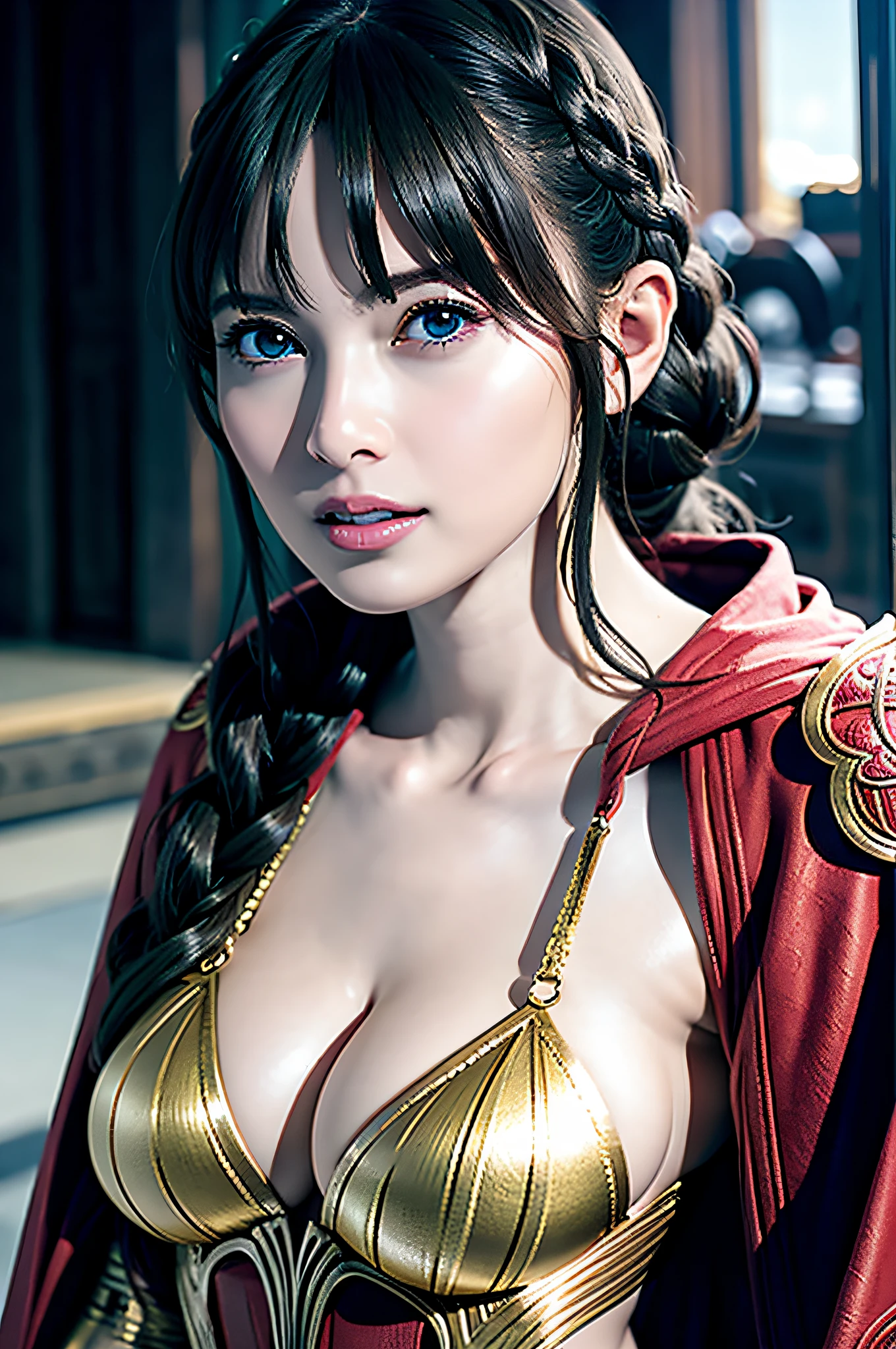 Ultra detailed complex 3D rendering of face, (Big breasts: 7.8), (Skindent: 2.5), (Masterpiece, top quality, octane rendering, 8K), glamour shot full body image, very beautiful young elf, cleavage, (Highly detailed skin: 1.2), (Exposure: 1.1), beautiful Caucasian woman with white skin with full soft breasts with big buttocks, one, micro bikini, long braided black hairWearing intricate super armor of gold and red, big breasts, ultra-realistic photos (((portrait))), wearing intricate pink cape, bare feet, futuristic urban background, facial muscles, in the style of Marvel Comics, ArtStation trends, clear focus, studio photography, intricate details, very detailed, detailed blue eyes, illustration, very detailed, Sharp Focus, Digital Rendering, Professional, Abs