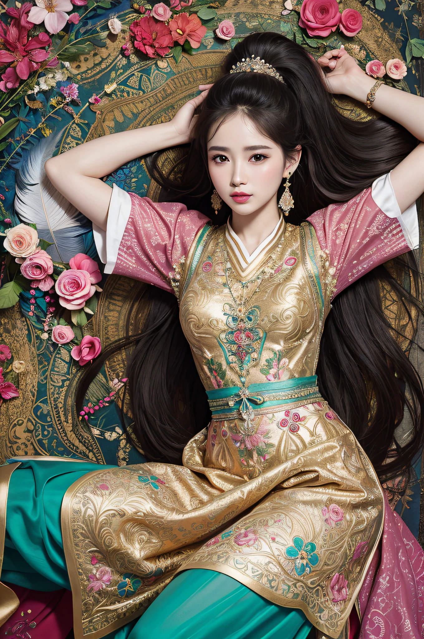 (Masterpiece, Top Quality, Best Quality, Official Art, Beauty and Aesthetics: 1.2), (1girl: 1.3), Very Detailed, (Fractal Art: 1.1), (Color: 1.1) (Flowers: 1.3), Most Detailed, (Zentangle: 1.2), Full Body, (Abstract Background: 1.3), (Shiny Skin), (Many Colors: 1.4), ,( earrings), (feathers: 1.5), ultra-wide-angle, Liu Yifei