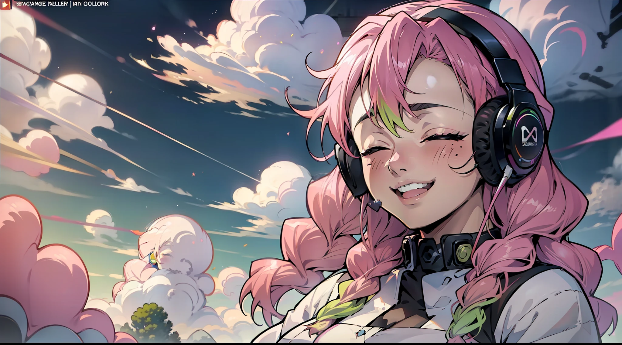 Woman with peace sense headset, closed eyes, beautiful face, RGB colors, anime pink hair, banner for youtube video, happy girl, clouds with RGB colors., bright RGB colors.