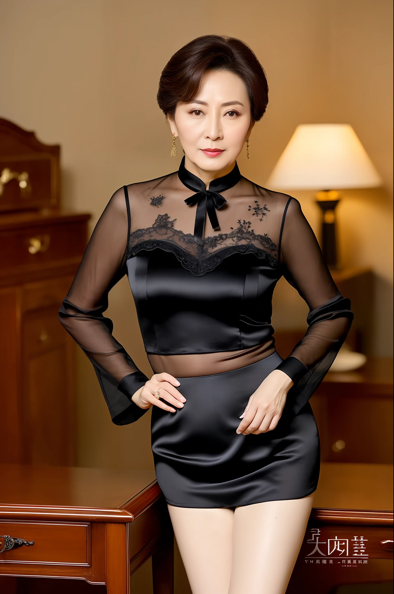 (Edit photo Gao Yuanyuan as a 48-year-old Chinese female star), (Wearing delicate tops, Intimate, Details: 1.3), (Panties, Silk: 1.3), (Choker Necklace: 0.8), (Height Details: 1.4), (Standing Legs: 1.4), (Plus Size), (Dark background, moody, private study, old furniture: 1.3), (8k, Ultra HD, DSLR, high quality, cinematic lighting, bokeh), (dramatic and award-winning photos, incredible masterpieces: 1.3) (strong depth of field)