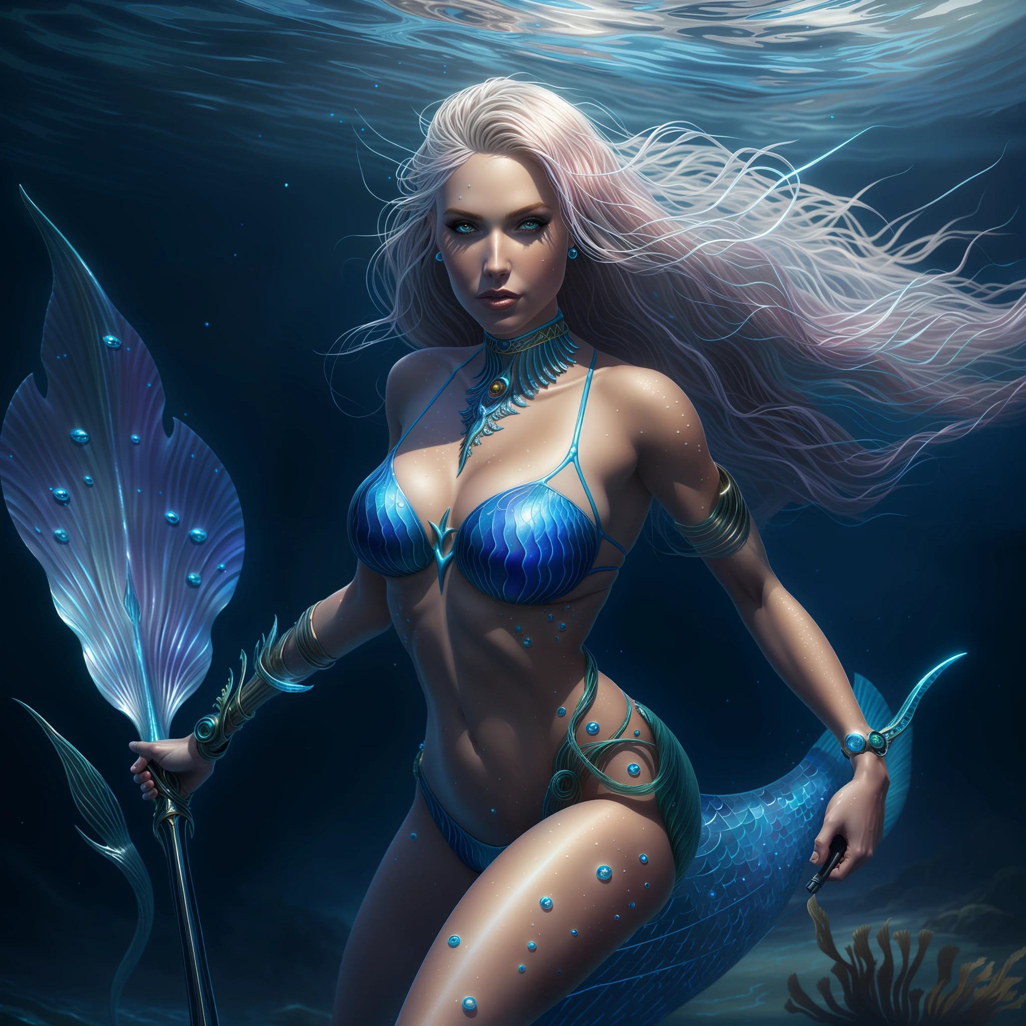 there is a woman in a bikini and a spear in the water, portrait of mermaid warrior, closeup fantasy with water magic, goddess of the sea, mermaid cyborg with a laser whip, goddess of the ocean, 4k fantasy art, realistic fantasy illustration, tyler edlin fantasy art, fantasy art behance, epic fantasy digital art style, realistic fantasy artwork