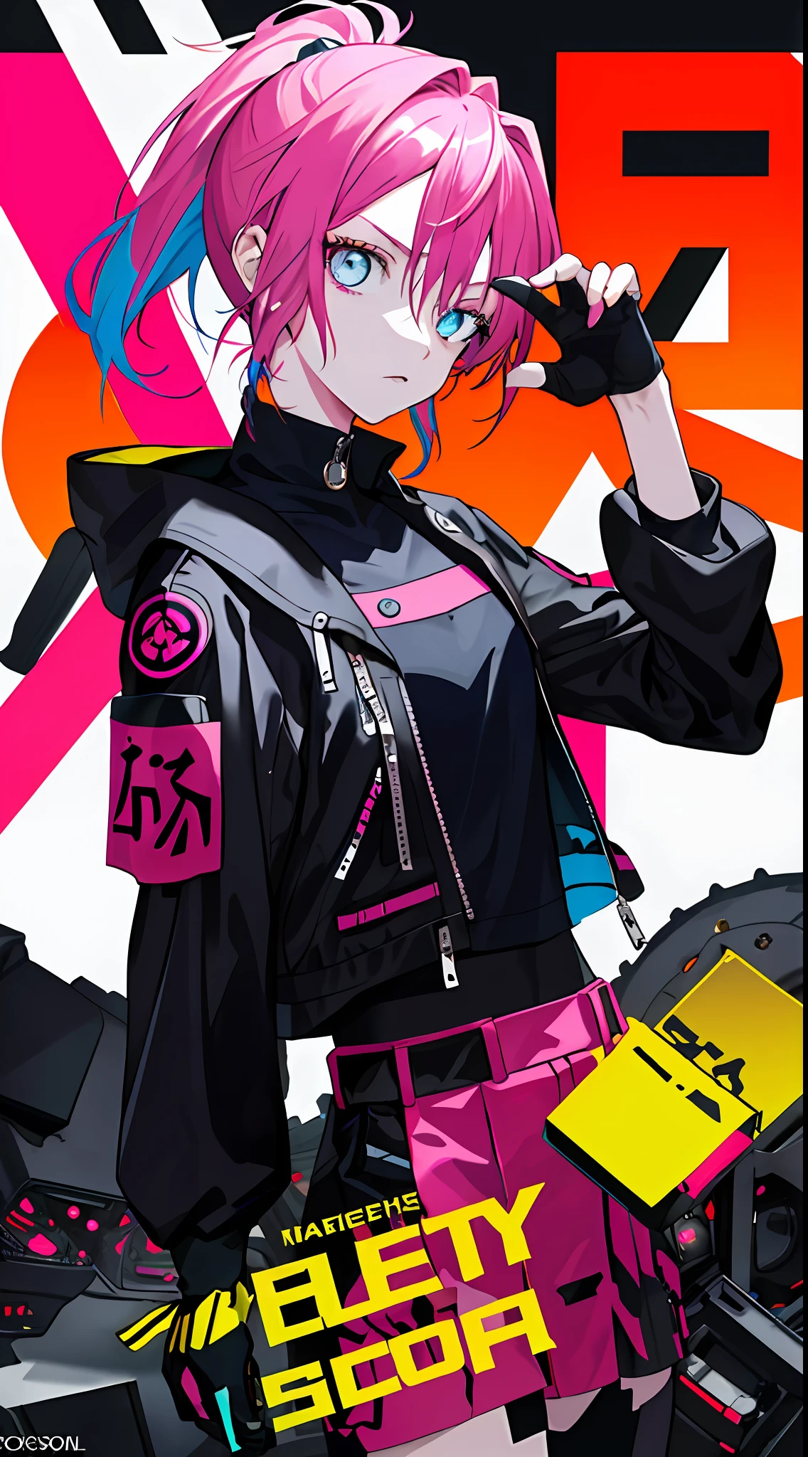 (((dramatic))), (((gritty))), (((intense)))) The movie poster features a loli as the central character. She stands confidently in the center of the poster, dressed in fashion-forward clothing with a pink double ponytail. The background is cyberpunk style. The text "HOYO" is bold and eye-catching, with catchy taglines that add to the overall drama and excitement. The color palette is dominated by dark colors, dotted with bright colors, giving the poster a dynamic and visual impact, tachi-e (magazine:1.3), (cover-style:1.3), fashionable, woman, vibrant, outfit, posing, front, colorful, dynamic, background, element, confident, expressive, holding, statement, attachment, majestic, coiled, around, touch, scene, text, cover, bold, eye-catching, title, fashion, font, catchy, title, bigger, eye-catching, modern, trendy, focused, stylish,