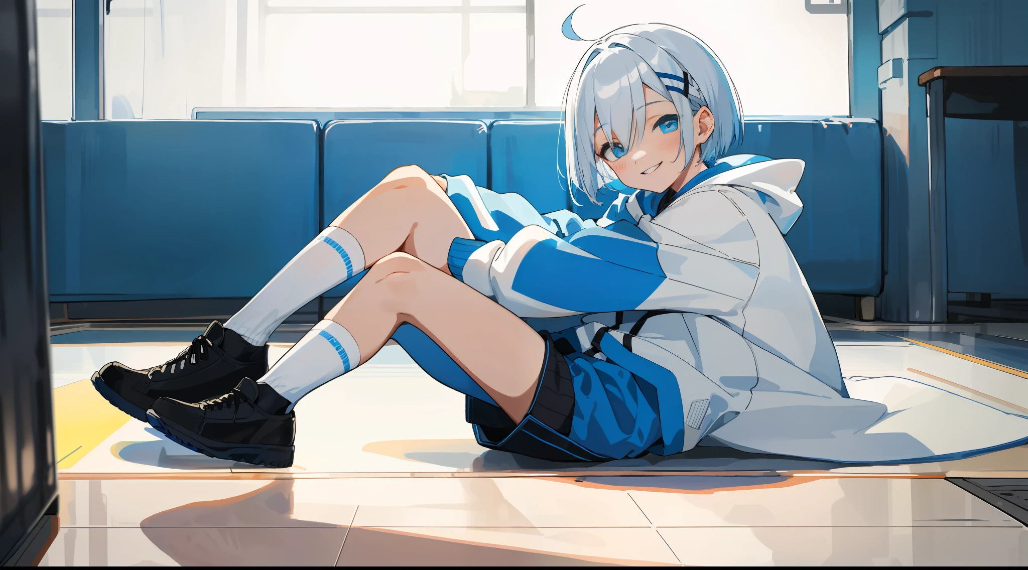HD picture, lots of details, children's youthful style, strong and vibrant blue eyes, interior scene, white Bob hairstyle 1boy sitting on the ground, wearing slim white hoodie and black knee socks, smiling, black shoes, depth of field, full body view.