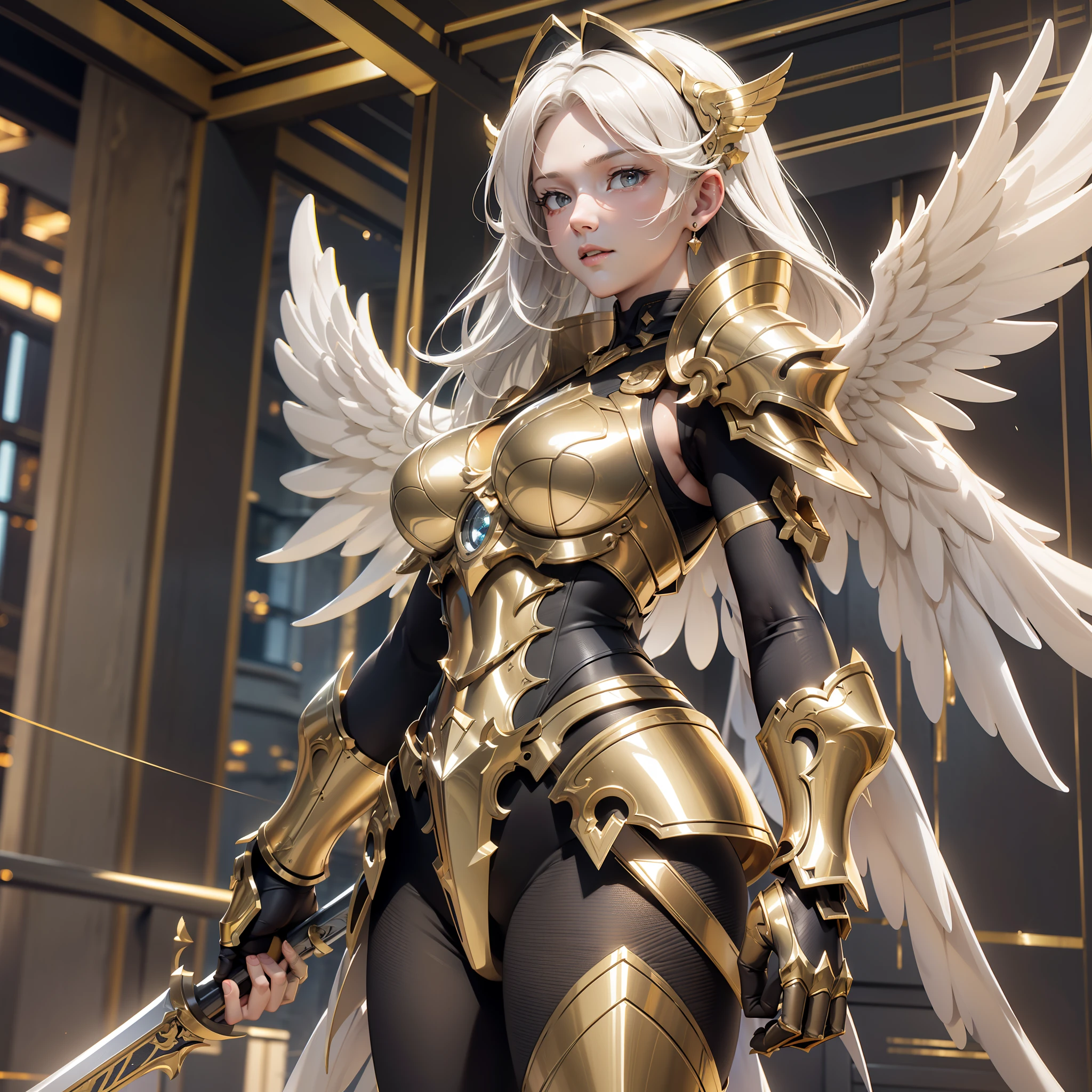 An angel warrior, (with a pair of golden wings on the back), ((metal wings)), (full body photo: 1.5), ((golden armor)), high detail, (beautiful face), perfect facial features, golden hair, golden sword, indifferent, arrogant, invincible, atmospheric, macro, realistic, HDR (high dynamic range), ray tracing, NVIDIA RTX, super resolution, Unreal 5, subsurface scattering, post-processing, anisotropic filtering, depth of field, maximum sharpness and sharpness, Albedo and Specular maps, Surface shading, Accurate simulation of light-material interactions, Perfect Proportions, Octane Render, Two-tone illumination, Large aperture, Low ISO, White Balance, Rule of Thirds, 8K RAW, High Performance Sub-Pixel, Subpixel Convolution,
