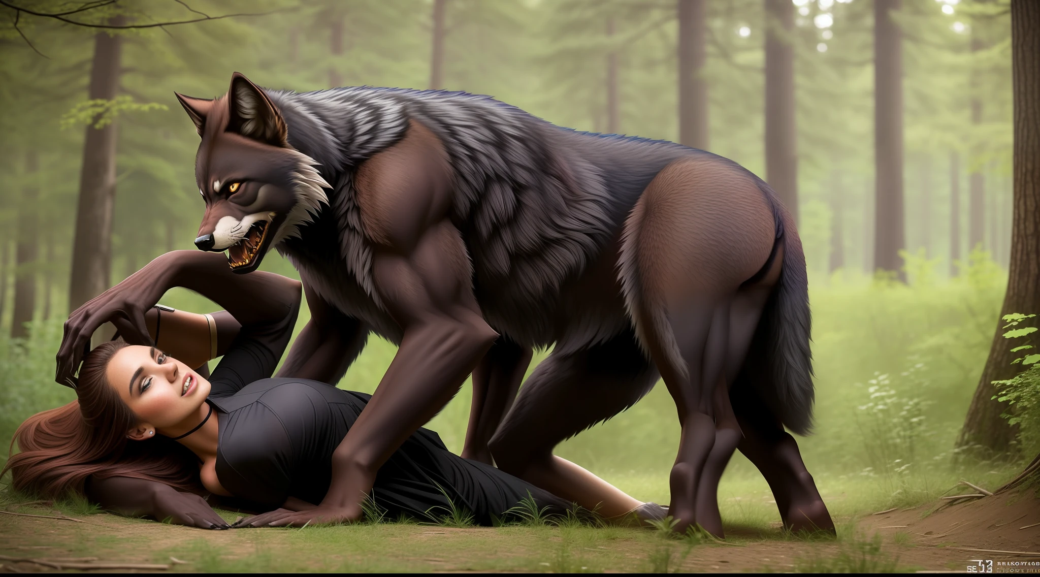 a stunningly beautiful young woman is mid-transformation into a werewolf as an alpha wolf takes her from behind --auto --s2