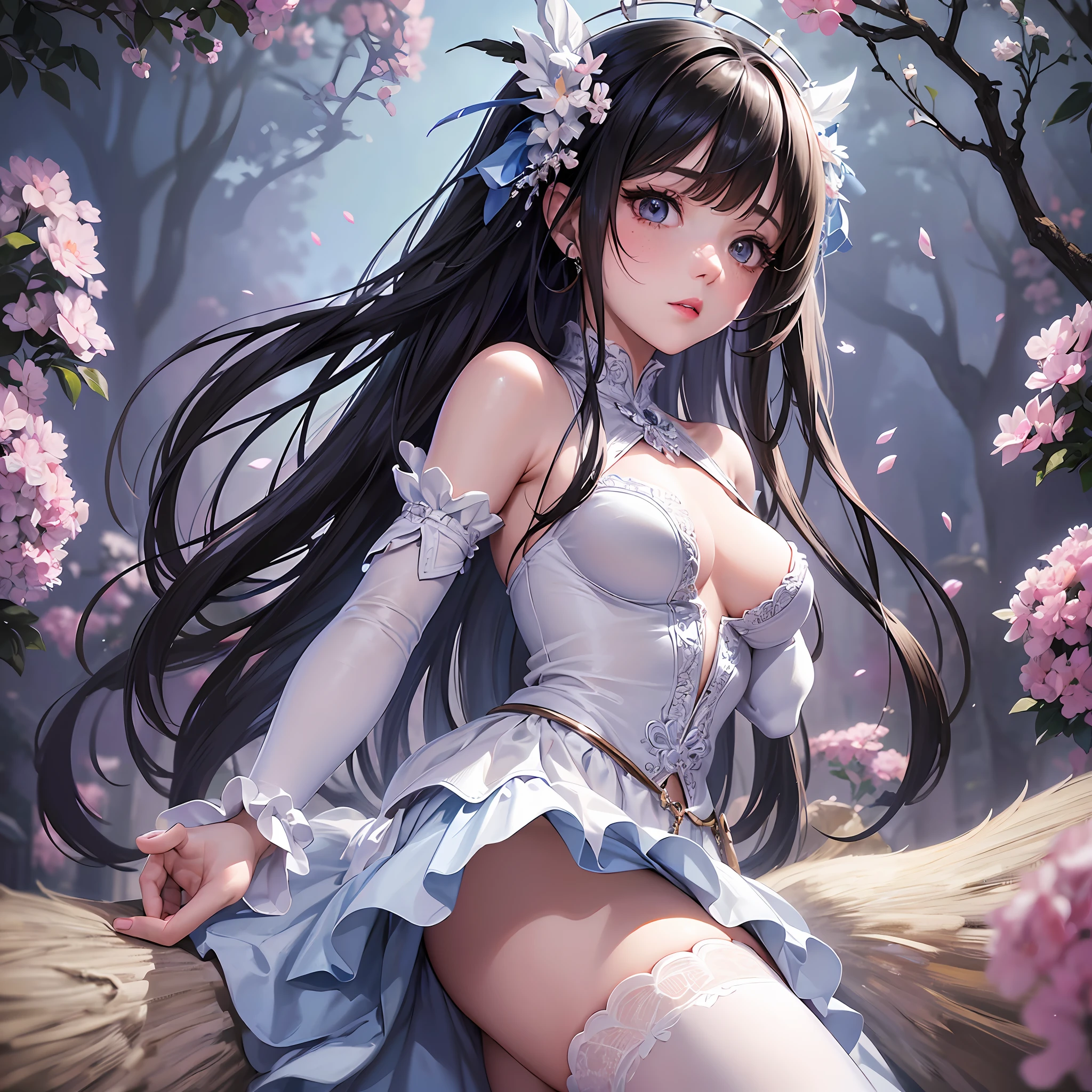 ((Ultra Detailed)), ((Bright Eyes)), (Detailed Eyes), 8K, Blink, (Little Artificial Freckles Makeup Girl), ((Realistic Skin)), ((Focus Detail 2 straps on the shoulders of the dress)), ((Shiny facial skin)), Black hair and blue pleated skirt, Rosla's soft vitality, Rossra cartoon vibrant, style anime 8k, beautiful portrait, art germ colorful!!, ! dream art germ, beautiful anime girl, style digital art, art wallpaper 8k, digital art, extremely detailed art germ, wearing white stockings, double eyelids, breasts half nude, portrait, full body, smaller breasts, looking at the viewer, blushing, shy --auto --s2