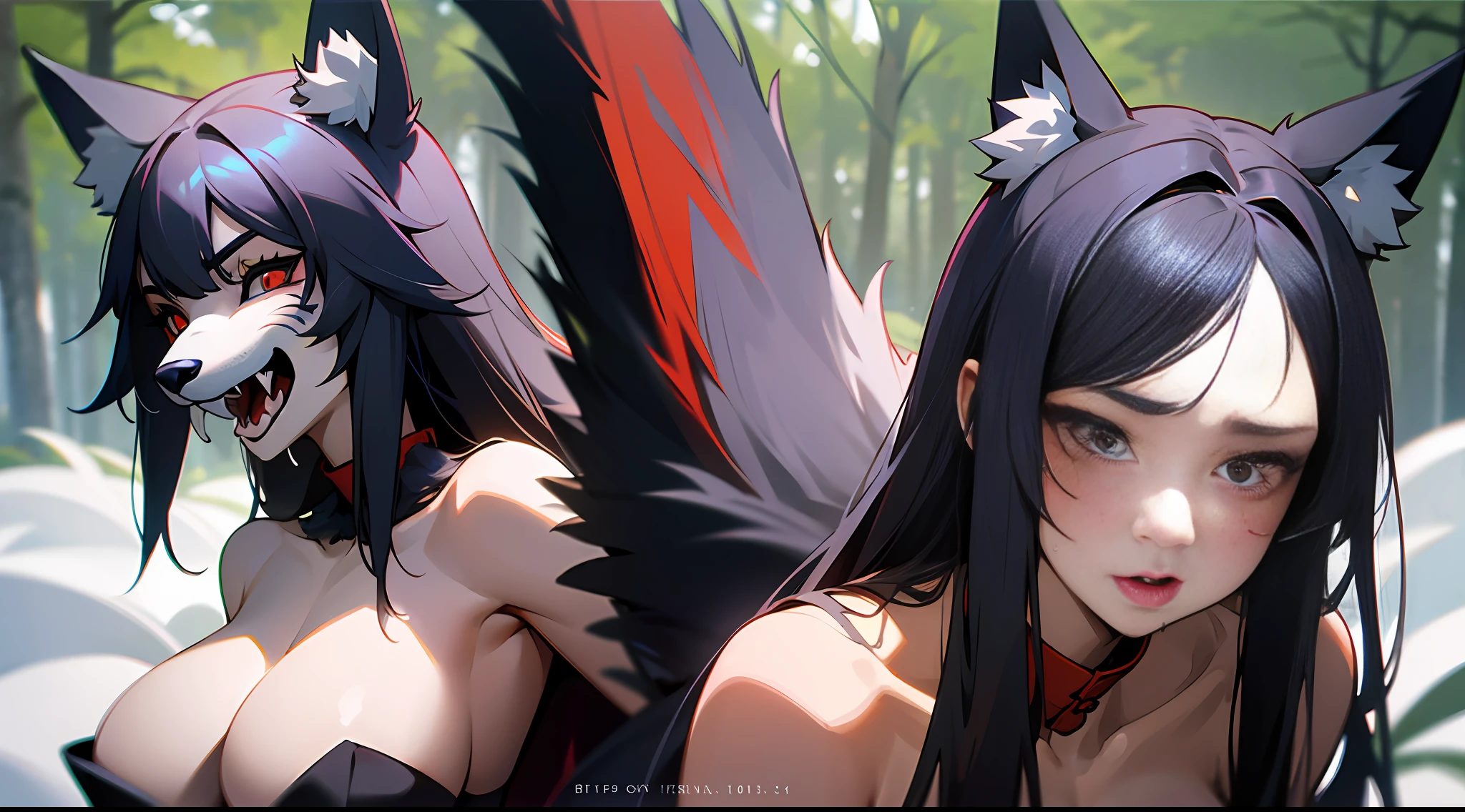 a stunningly beautiful young woman is mid-transformation into a werewolf as an alpha wolf takes her from behind, (werewolf:1), furry,, from behind, grab arms, (masterpiece:1.2), (best quality:1.2), (extremely detailed:1.2), (extremely detailed face), (detailed background), (ultra detailed), 8k, 1girl, big breasts, ah1, facial mark, multiple tails, fox tails, red korean clothes, bare shoulders, black hair, ulzzang-6500-v1.1, painful expression, mouth open, dripping saliva from mouth, juice in the forest, --auto --s2
