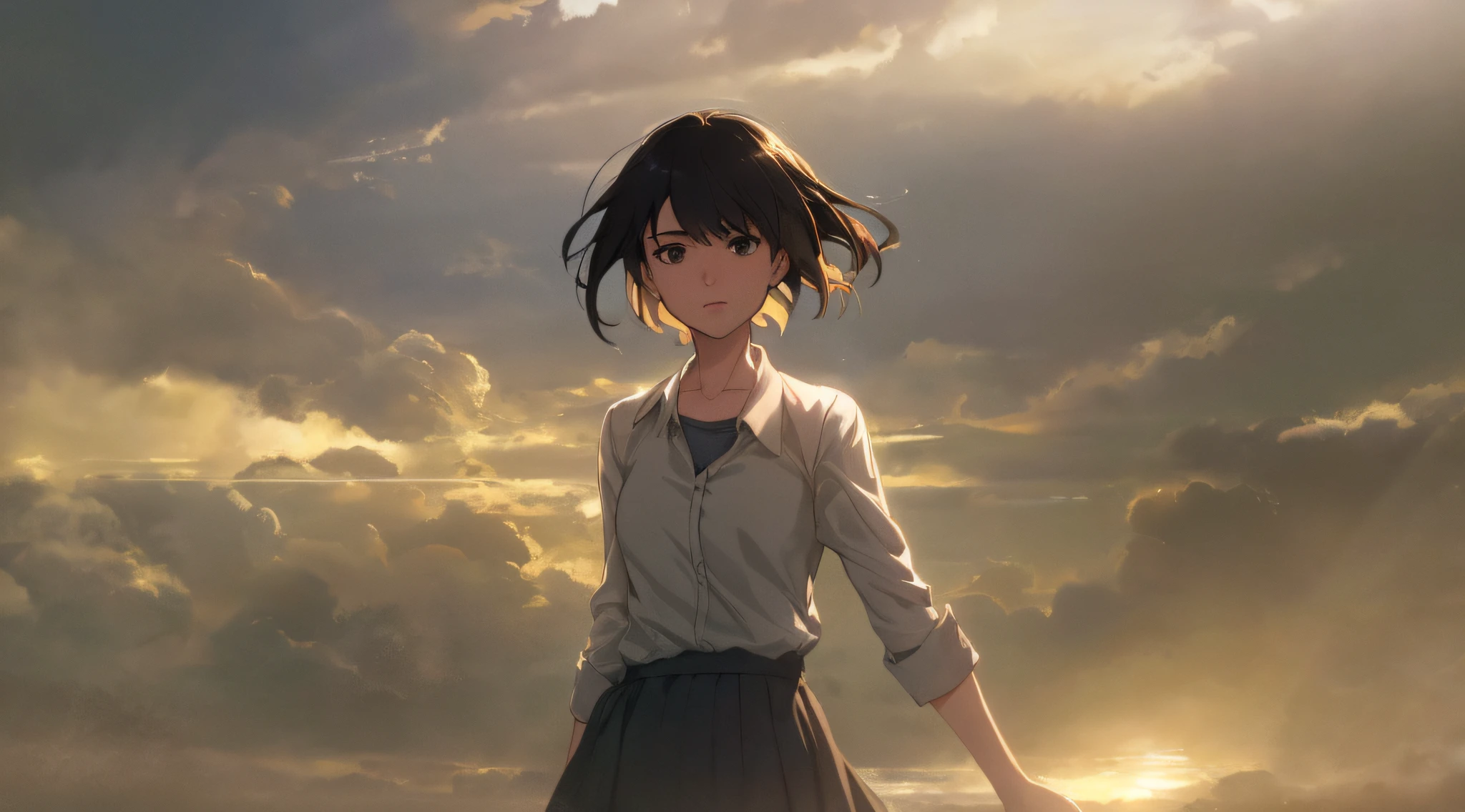 Very detailed and precise anime style illustration, very beautiful young woman, solo, brown short hair, wearing gray shirt, gray skirt, perfect round gray eyes, unreal and fantastic scene with thick fog. Dramatic lighting, Makoto Shinkai anime style.