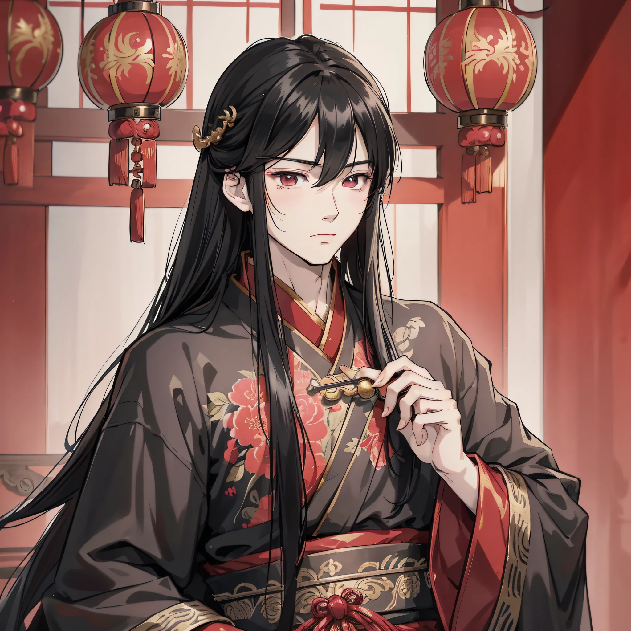 Ancient Chinese long black hair and about 18 years old anime young man wearing red wedding banquet Hanfu, (calm expression 1.5) (background is ancient Chinese room 1.5) anime style 4 K, anime rendering, anime style. 8k, handsome anime face, handsome costume boy (upper body display 1.5) (handsome boy 1.3) (movie level lighting 1.5)