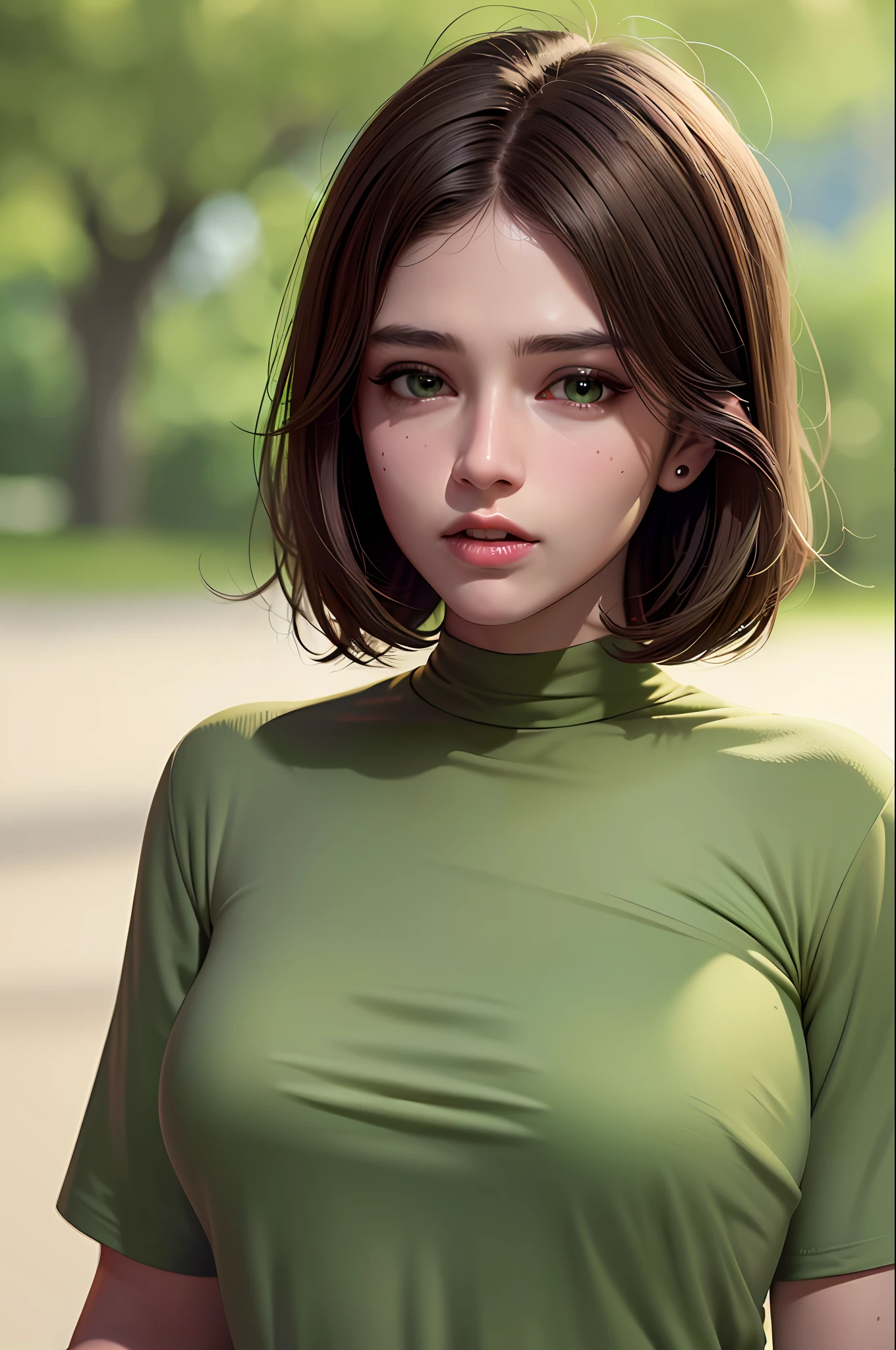 (8k, 4k, best quality, highres, ultra high res:1.1), (masterpiece, realistic, photo-realistic:1.1), 1girl, close up, very short brown hair, big boobs, white skin, green green shirt, long eyelashes, eyeshadow, small face, big eyes
