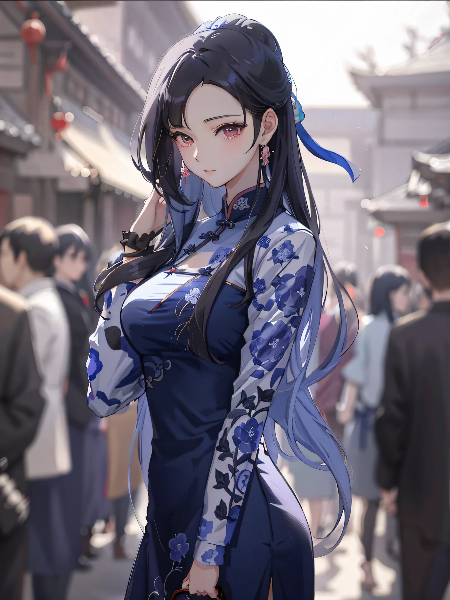 Anime girl with long black hair and blue dress with Chinese porcelain style pattern in crowded place, Guviz, Guwiz style artwork, palace, girl in Hanfu, beautiful and attractive anime woman, cute anime waifu in beautiful clothes, wearing blue cheongsam, beautiful anime woman, beautiful character painting, by Yang J, Gu Viz masterpiece, add Jingdezhen porcelain elements