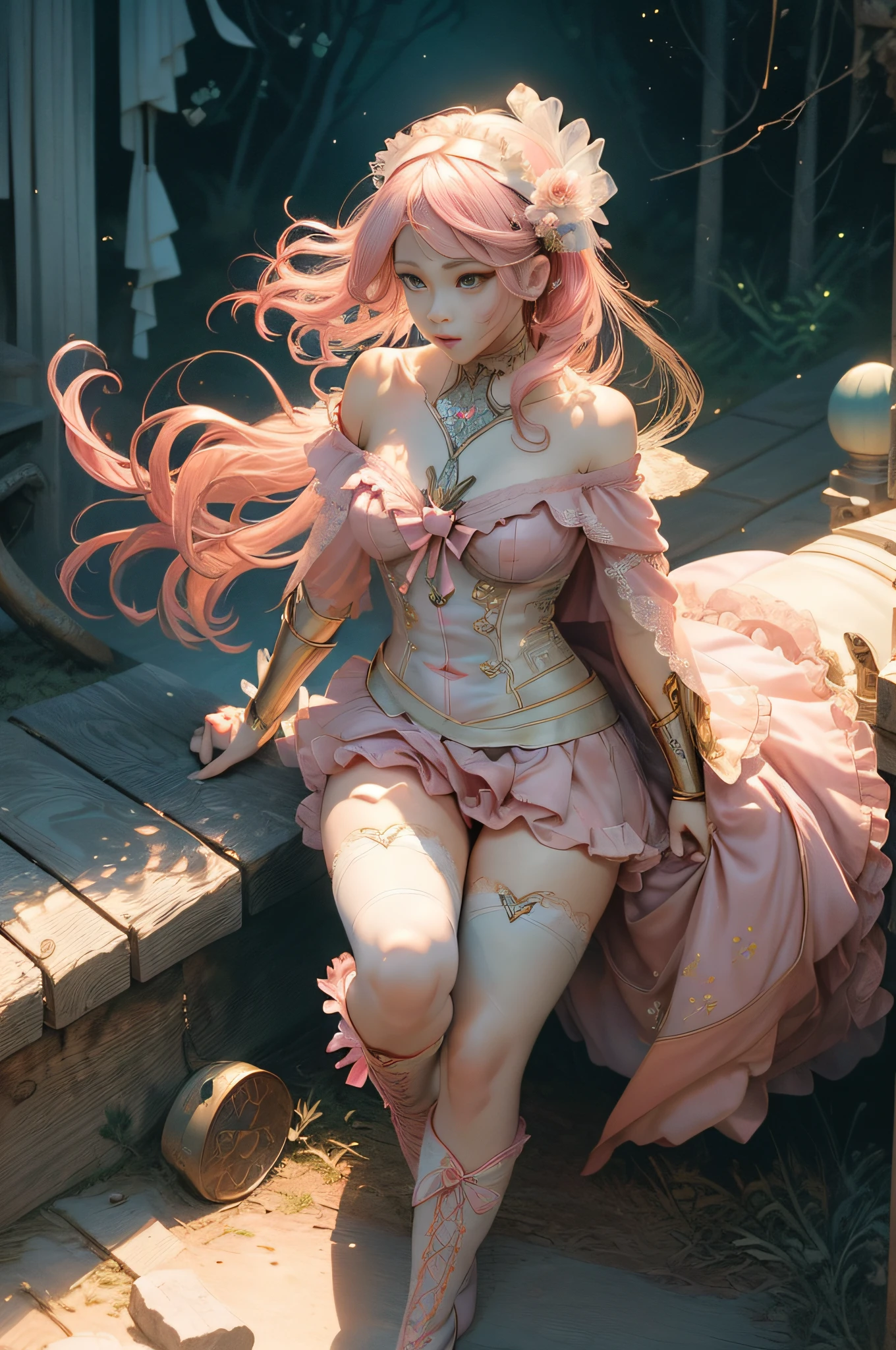 [Detailed illustrations, art based on extremely ideal anatomy, very detailed and detailed drawings, delicate lines with slow and urgent, realistic texture expression],(((Color tressed main lines)),(Artwork with outstanding craftsmanship),(Park background),[HENTAI anime Girl Japanese Pretty  Skinny] Light pink hair ((Magical girl)),((桜花) Floral headband) Low-rise shorts (Short cape (Off-shoulder: 0.5)) ((Lace ruffled ribbon)) (Lace ruffled boots: 0.4),((Silk fabric:0.4)),Transparency (Soft ambient light:0.6) Gravure,((Fine and beautiful skin expression (transparency)))),(Clear gaze)),(Perfect eye details ( Beautifully drawn eyes))),(Beautiful perfect face (realistic face details)),((Beautiful hair details)),(Perfectly proportioned proportions)),(Design built to a high level,((Advanced structural understanding of materials)),Ideal color coordination),((Artistic decoration)) ((Dense details)),((Detail,High definition)),[( Ultra-precise detail),((Multi-layered texture)),HighQuality,High Resolution],((Accurate simulation of light-material interactions, understanding of air flow, mechanically correct representation)),(((Visual art with a sense of narrative)).