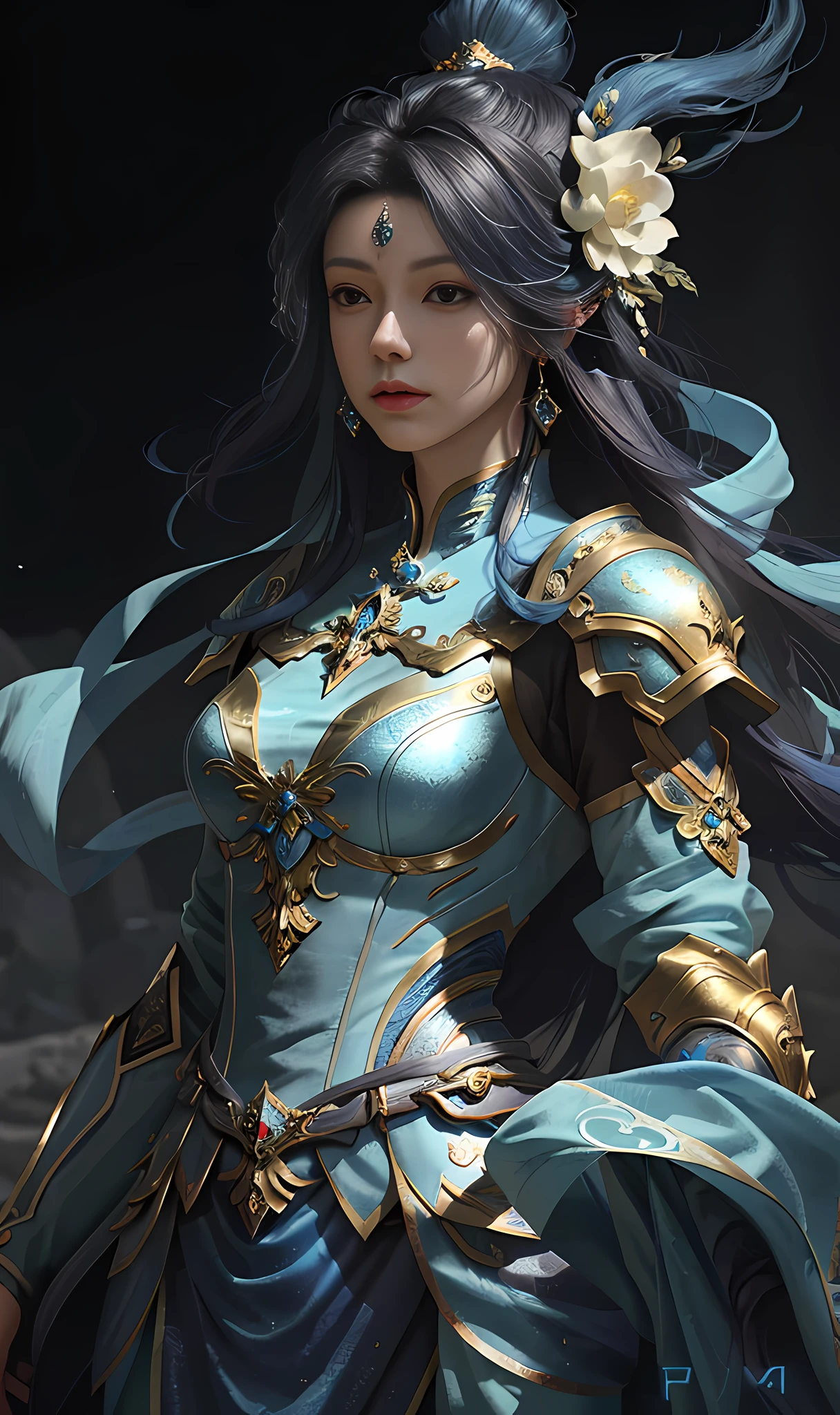 a close up of a woman in a women in a blue and gold dress, chengwei pan on artstation, by Yang J, detailed fantasy art, stunning character art, fanart best artstation, epic exquisite character art, beautiful armor, extremely detailed artgerm, detailed digital 动漫艺术, artstation pixiv 上的 artgerm, armor girl