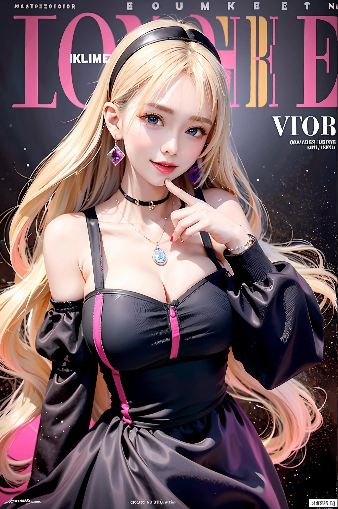 masterpiece, best quality, full-body, 1girl, hair, black choker, black tie, blonde, blue dress, purple eyes blush, bracelets, chest, necklace, clothes around the waist, collarbones, ear piercing, eyebrows visible through hair, sloping hair, smile, gyaru, jewelry,  kogal, long hair, look at the viewer, blue dress, ring, n smile, illustration, (magazine:1.3), (cover style:1.3), fashion, woman, brilliant, costume, pose, front, colorful, dynamic, background, elements, confidence, expression, hold, statement, accessories, monumental,  scroll, surround, touch, scene, text, cover, bold, attention-grabbing, title, style, font, attractive, title, bigger, highlight, modern, trendy, fashionable,