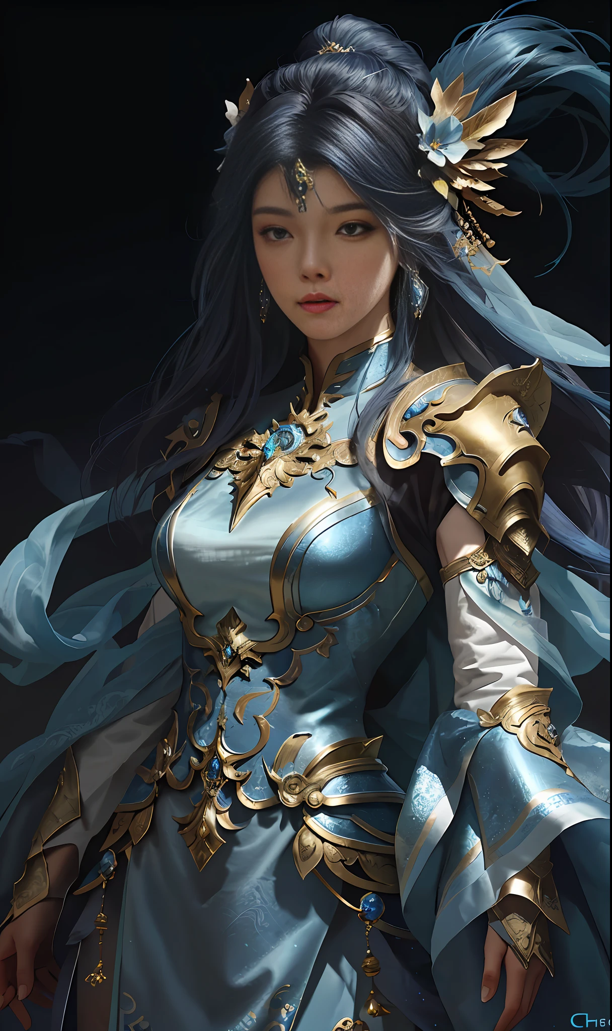 a close up of a woman in a women in a blue and gold dress, chengwei pan on artstation, by Yang J, detailed fantasy art, stunning character art, fanart best artstation, epic exquisite character art, beautiful armor, extremely detailed artgerm, detailed digital 动漫艺术, artstation pixiv 上的 artgerm, armor girl