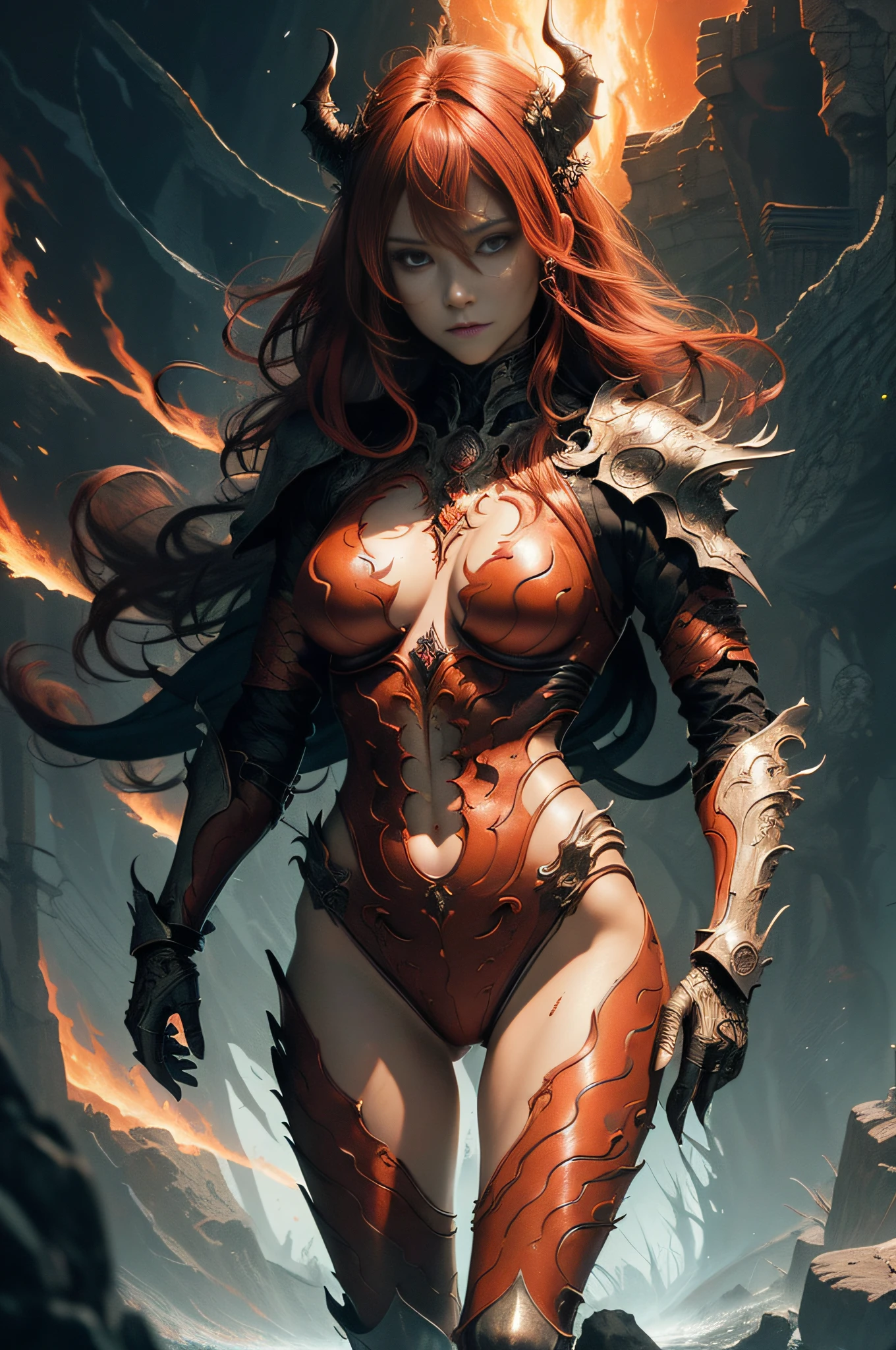 [Detailed illustrations, art based on extremely ideal anatomy, very detailed and detailed drawings, delicate lines with slow and urgent, realistic texture expression],((Color tressed main lines)),(Artwork with outstanding craftsmanship),(Lava Cave Background (Flame Hell: 0.4))),HENAI ANIME [Red-skinned DemonGirl 19 years old, slender muscular] Flame Hair (Demon Knight: 0.5),(Bone Armor ( crack in chest) (Blade of Fresh Blood: 0.4)) (Edge),((Dark fantasy)),((Fine and beautiful skin expression (transparency))),((Clear gaze)),((Perfect eye details (Beautifully drawn eyes)))),(Beautiful perfect face (Realistic face details)),((Beautiful hair details)),(Perfectly proportioned proportions)),( Design built to a high level, ((Advanced structural understanding of materials)),Ideal color coordination),((Artistic decoration)) ((Dense detail)),((Detail,High definition)),[(Ultra-precision detail),((Multilayer texture)),HighQuality,High Resolution],((Accurate simulation of light-material interactions, Understanding of air flow, mechanically correct expression))), ((visual art that conveys a sense of narrative)).