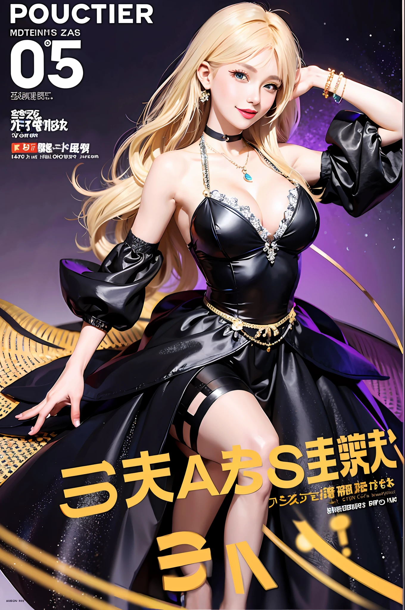 masterpiece, best quality, full-body, 1girl, hair, black choker, black tie, blonde, blue dress, purple eyes blush, bracelets, chest, necklace, clothes around the waist, collarbones, ear piercing, eyebrows visible through hair, sloping hair, smile, gyaru, jewelry,  kogal, long hair, look at the viewer, blue dress, ring, n smile, illustration, (magazine:1.3), (cover style:1.3), fashion, woman, brilliant, costume, pose, front, colorful, dynamic, background, elements, confidence, expression, hold, statement, accessories, monumental,  scroll, surround, touch, scene, text, cover, bold, attention-grabbing, title, style, font, attractive, title, bigger, highlight, modern, trendy, fashionable,