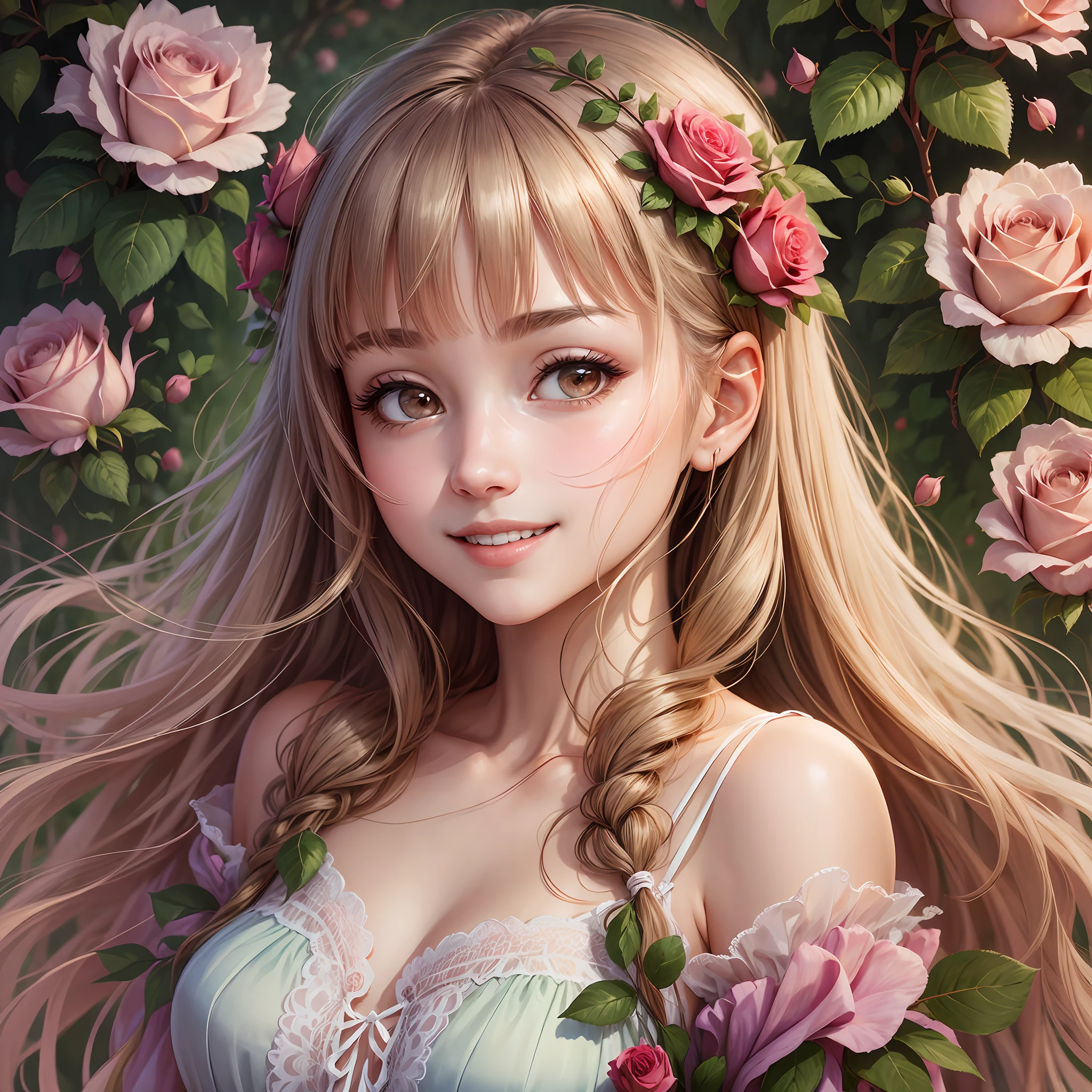 Beautiful girl in an airy chiffon dress, a smile on her face, highly detailed face, against a background of blooming rose bushes --auto --s2