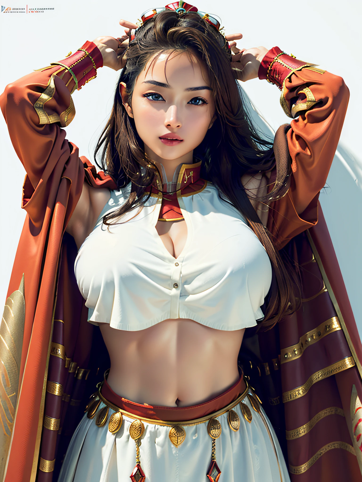 (masterpiece, top quality, highest quality, official art, beautiful and aesthetic: 1.2), ultra-detailed complex 3D rendering of face, (big: 6.8), red crop top: 1.6, perfect figure: 1.4, slim abs: 1.1, (1 girl), (red armor of warrior queen, cape lined with fur, jeweled crown: 2.2), beautiful white woman with full soft breasts and white skin with big ass, Various poses, (((Huge breasts: 1.4)), (Very soft breasts)), RAW photos, (Highly detailed skin: 1.2), (Exposure: 1.1), (Exposed crotch: 1.5), (Top-down view: 1.5), Serious, Cleavage, Brown hair, White skin