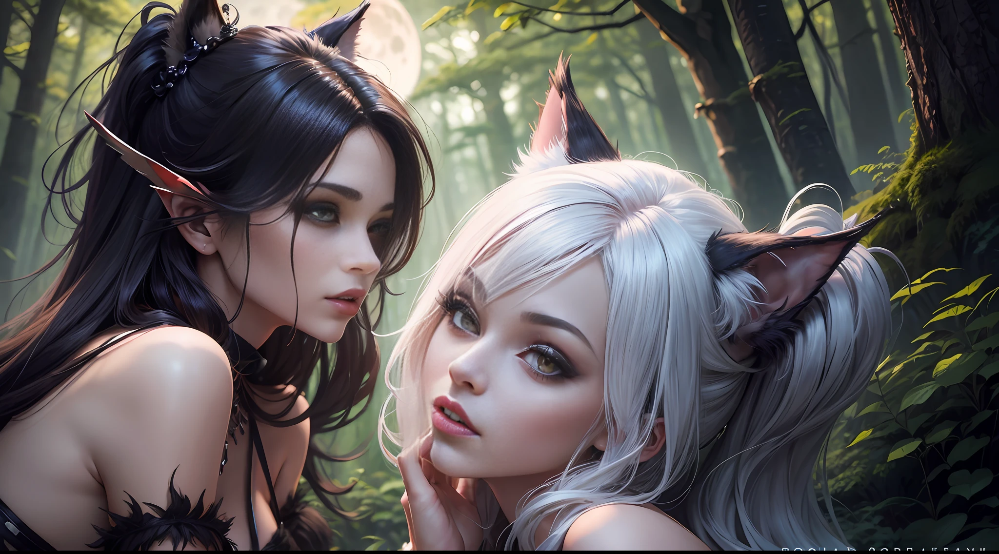 scene of beautiful woman transforming into a werewolf while having with an alpha, from behind, in the forest, full moon --auto --s2