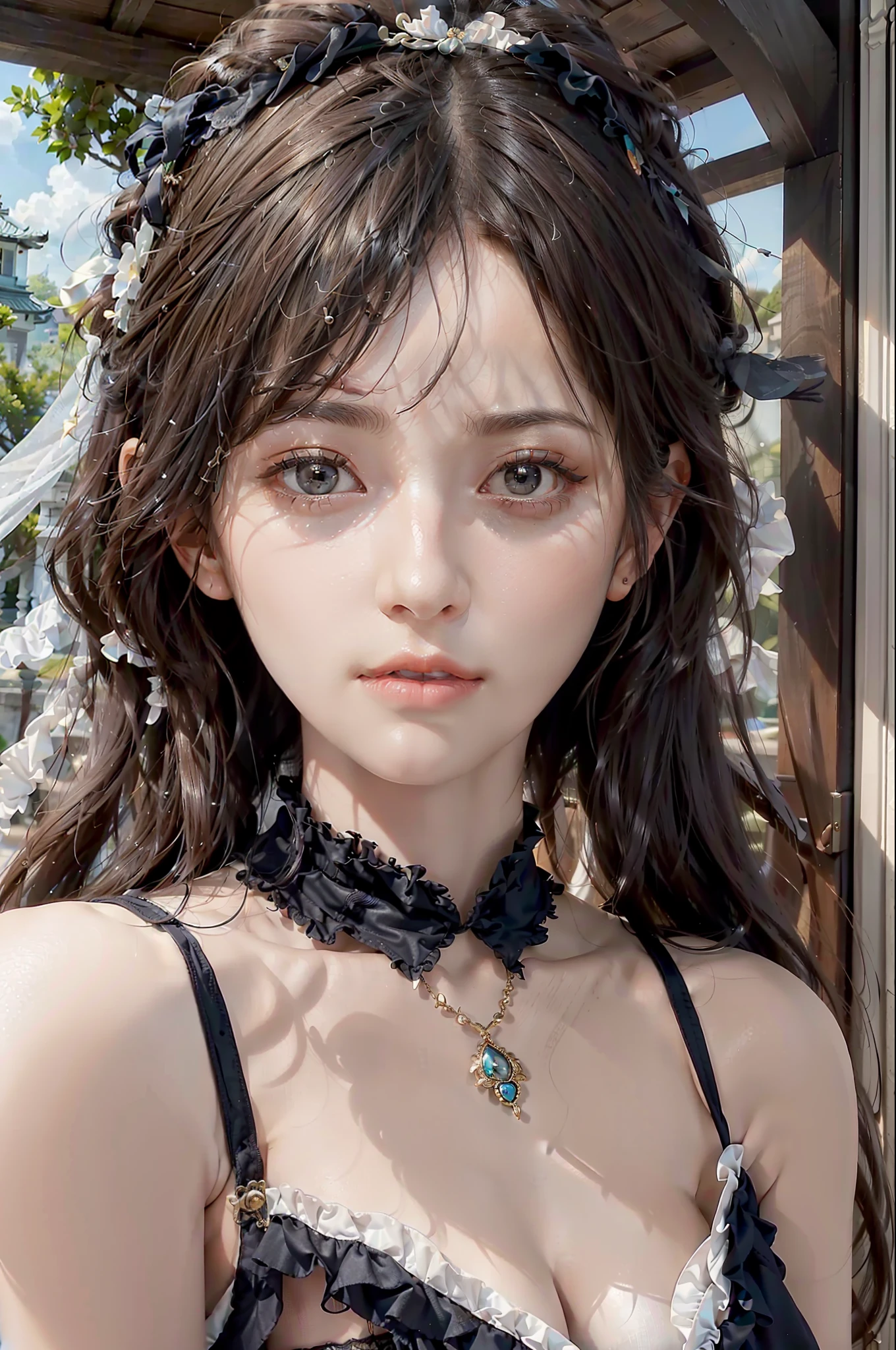 best quality, ultra hi res, photoreaslistic, a photography of a beautiful woman, 26yo teen age, detailed face, black Feathered layers, (detailed porcelain doll,delicate clothes with a lot of frills and ribbons), Bridge, (face close up), seductive look, looking at viewer