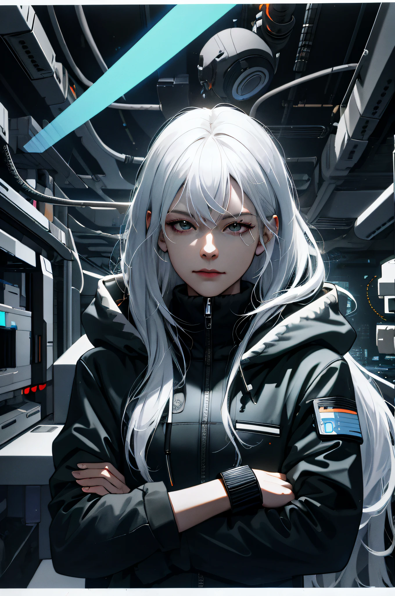 (absurdres, highres, ultra detailed), 1woman, mature female, aged up, wavy long hair, white hair, black eyes, bangs, long sleeves, finely detailed eyes and detailed face, extremely detailed CG unity 8k wallpaper, intricate details, portrait, looking at viewer, solo, (full body:0.6), detailed background, detailed face, (matrix theme:1.1) evil high-tech futuristic hacker, advanced technology, hoodie, techwear, wearable device, keycard, cables, head-up display, blue (holographic display:1.05), access granted, cybersecurity, server room in background, orange lights, dark sinister atmosphere, , portrait, wind swirling