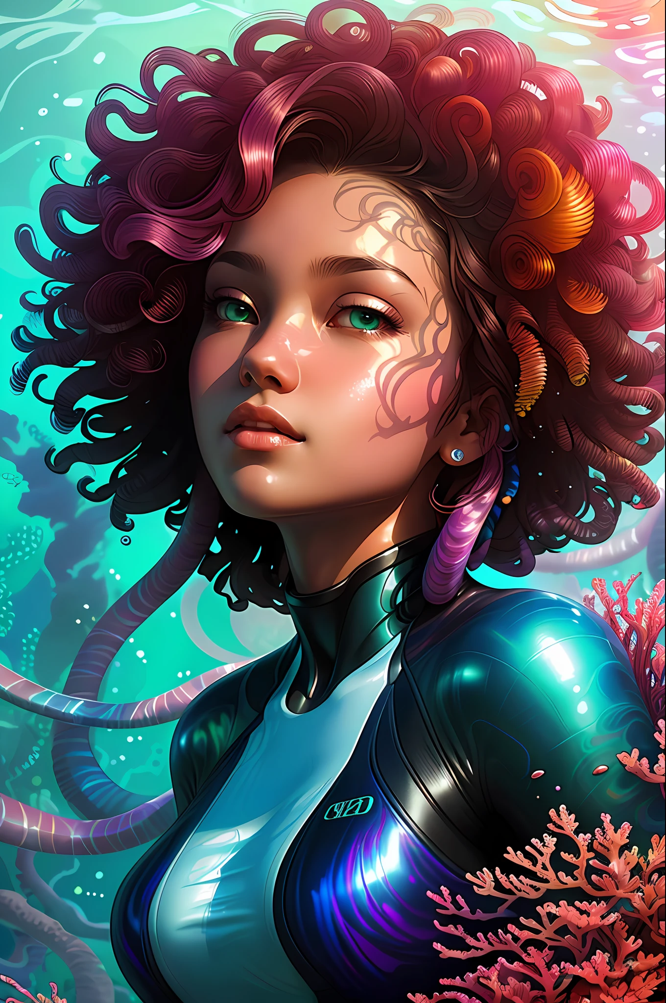 ebony woman, , curly hair, 1girl, small breast, underwater, sea, digital painting, medium shot, (lightroom:1.13), soft light,
(corals swimming tropical fishes medusa tentacles ),
(natural skin texture:1.2), sharp focus, focused, glass led brain lines, corals skin, jellyfish style, art by Anna Dittmann, masterpiece, highres,
realistic, cyberpunk, smug, colorful,
[(colorful explosion psychedelic paint colors:1.2)::0.20],
intricate one piece swimsuit,

cgsociety, analytical art, detailed painting, glowing neon, iridescent paint, intricate artwork by Tooth Wu, ((art by Android Jones)), wlop, beeple, octane, green eyes, bright face, (smart:0.7),