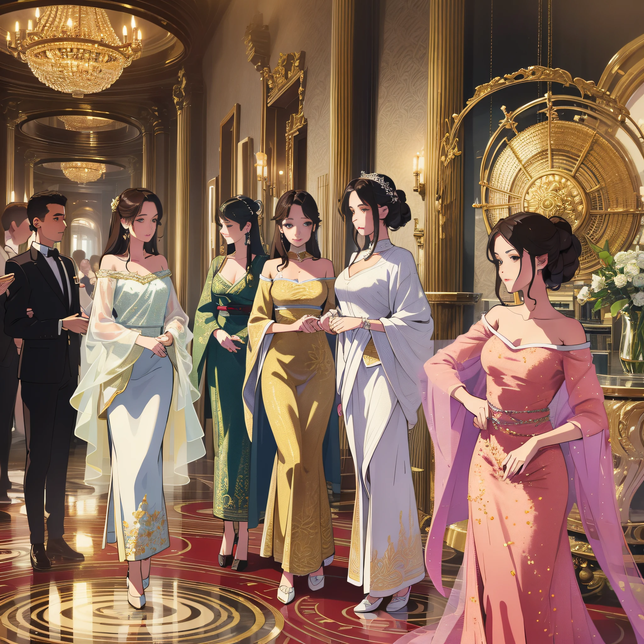 In the lobby of the five-star hotel, many beautiful girls in gorgeous costumes stood gracefully, each exuding confidence and charm. Their makeup is delicate and they wear intricate garments, showing high quality fashion taste. The face is delicate, clear and delicate