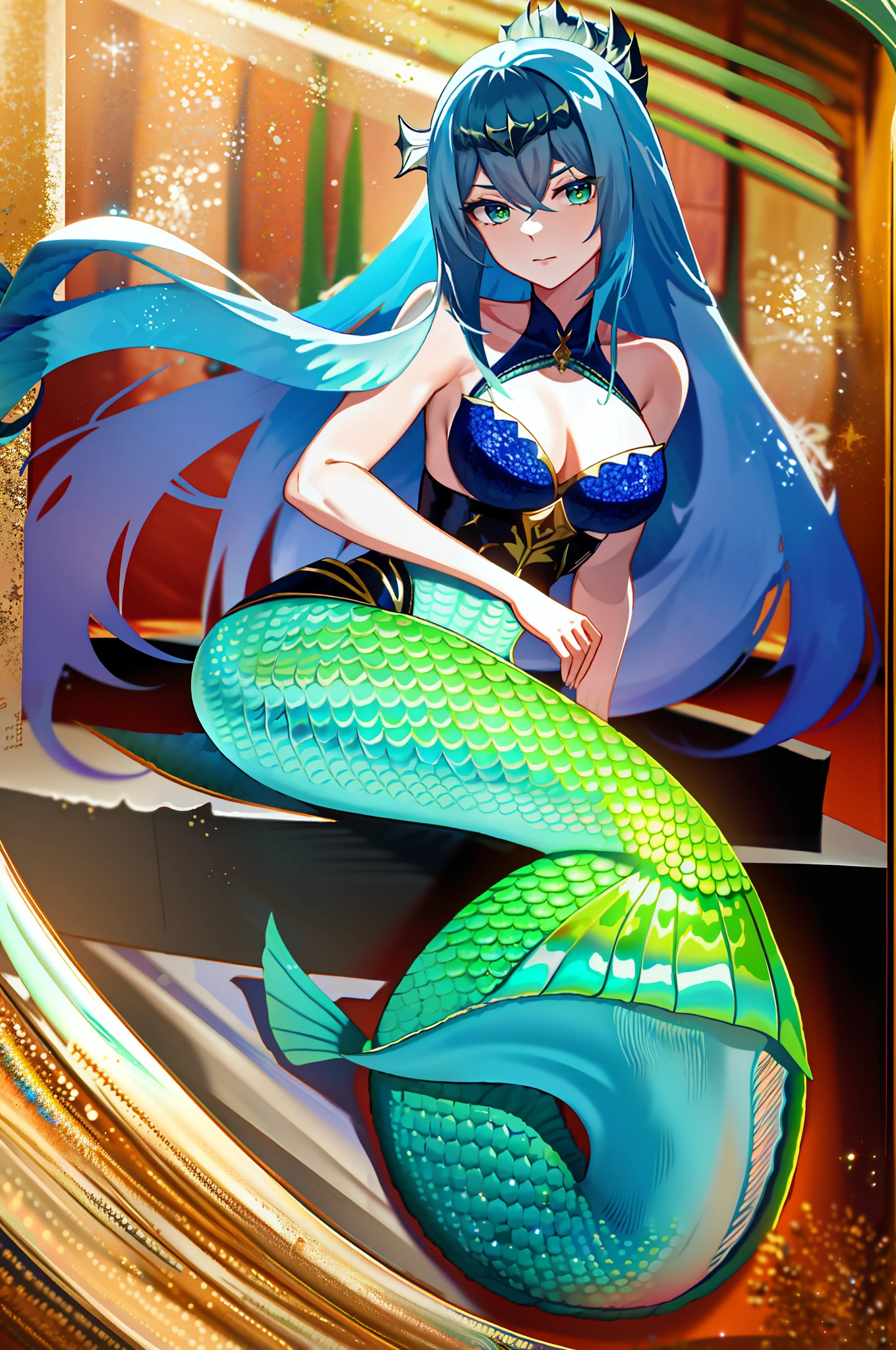 Best quality, blue mermaid, long bluish black hair, green eyes, looking at the viewer, solo, scales, no legs, fins, jewelry, crown, blue sea tail, blue mermaid tail, tail fin, babartanas, Yelan (impact genshin)