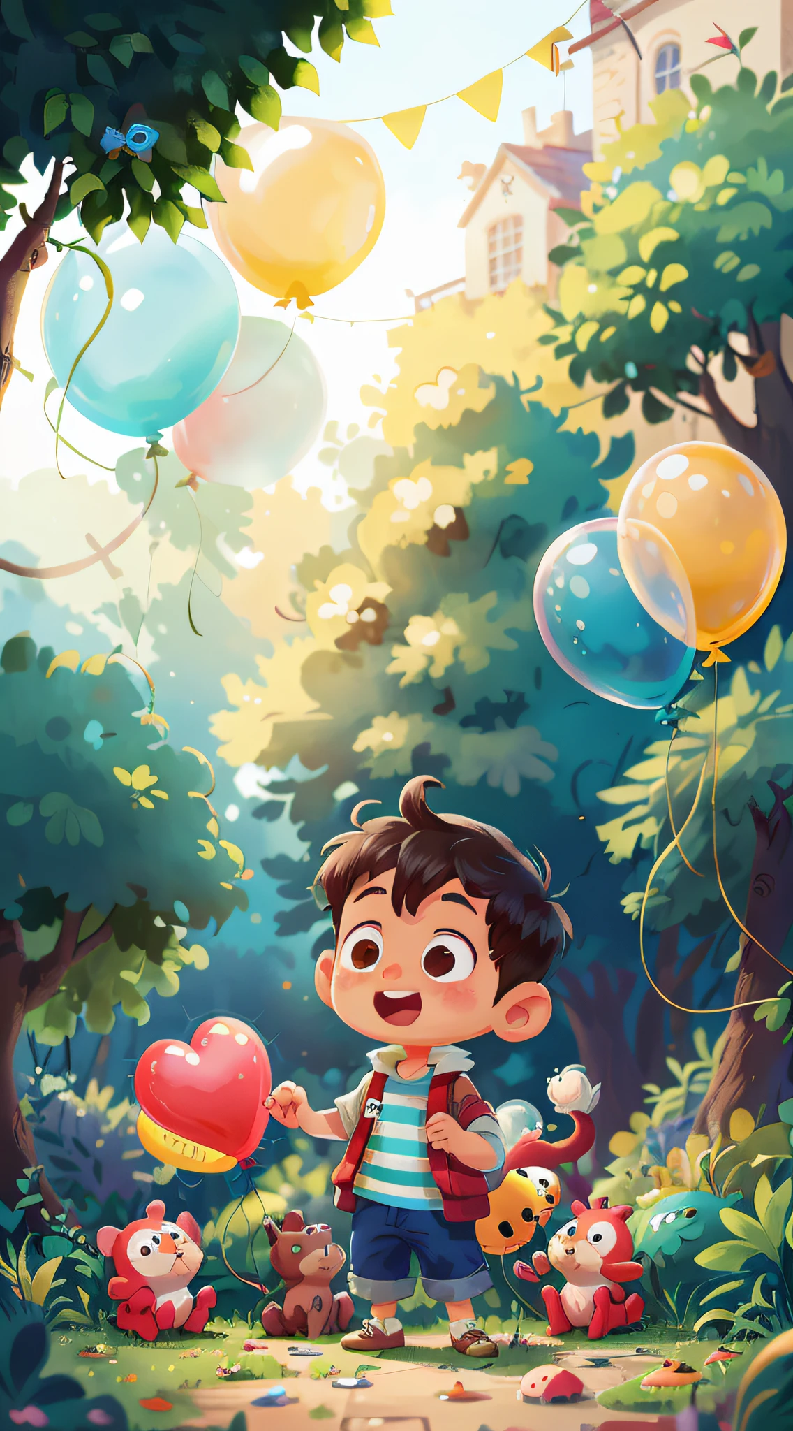 A boy, zoo, many balloons, happy, happy, perfect quality, clear focus (clutter - home: 0.8), (masterpiece: 1.2) (realistic: 1.2) (bokeh) (best quality) (detailed skin: 1.3) (intricate details) (8K) (detail eyes) (sharp focus), (happy)