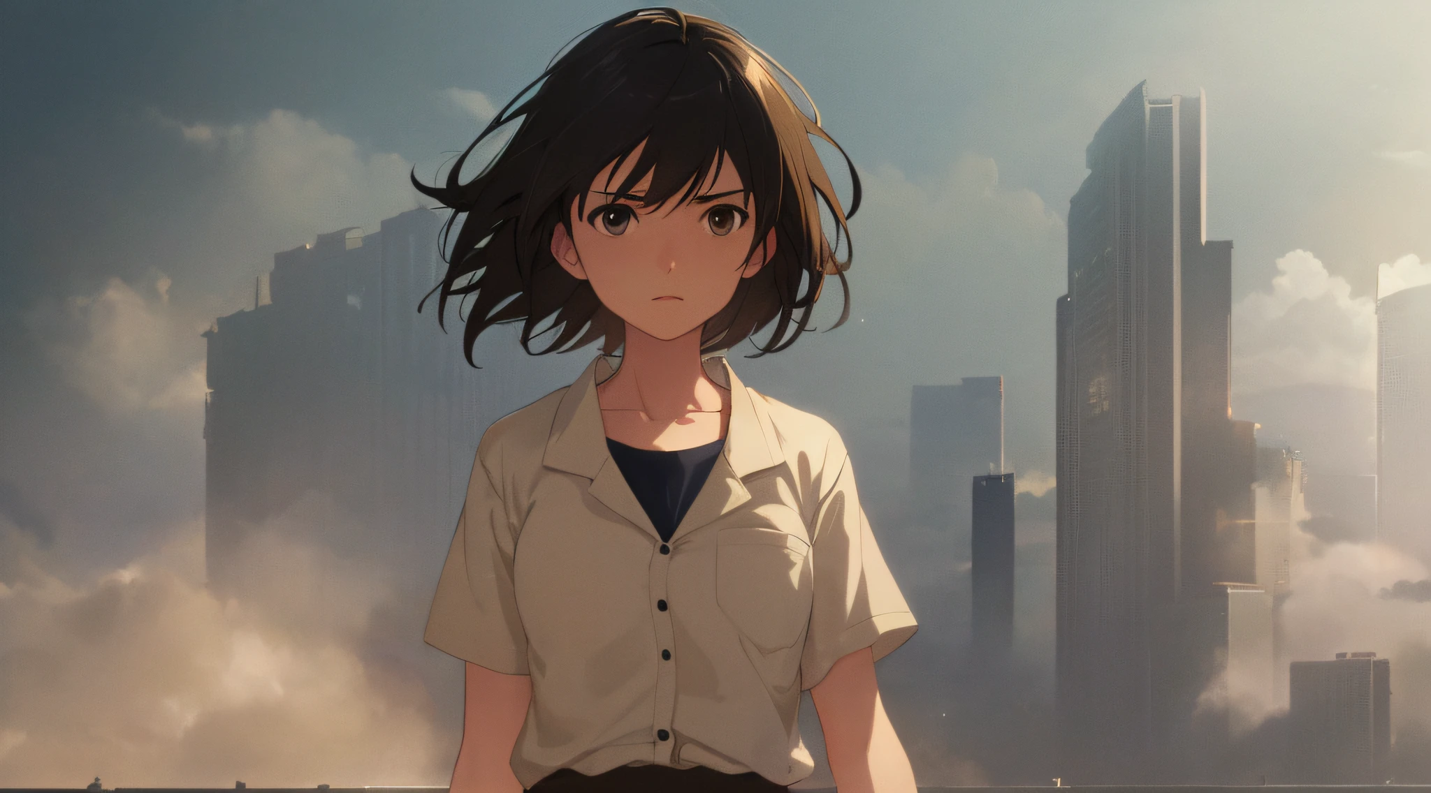 Very detailed and precise anime style illustration, very beautiful young woman, solo, brown short hair, wearing gray shirt, gray skirt, perfect round gray eyes, unreal and fantastic scene with thick fog. Dramatic lighting, Makoto Shinkai anime style.