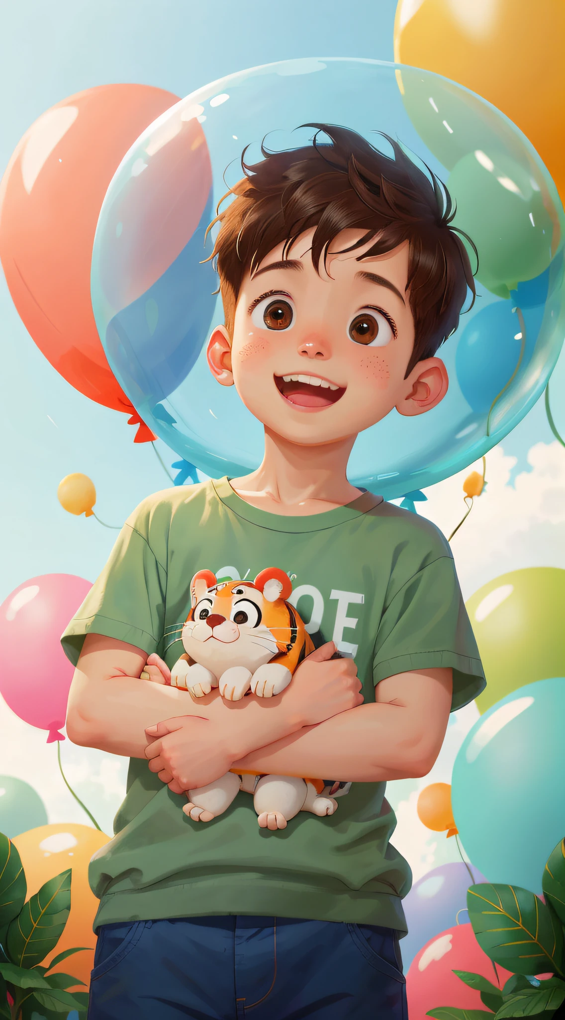 A boy, zoo, many balloons, happy, happy, perfect quality, clear focus (clutter - home: 0.8), (masterpiece: 1.2) (realistic: 1.2) (bokeh) (best quality) (detailed skin: 1.3) (intricate details) (8K) (detail eyes) (sharp focus), (happy)