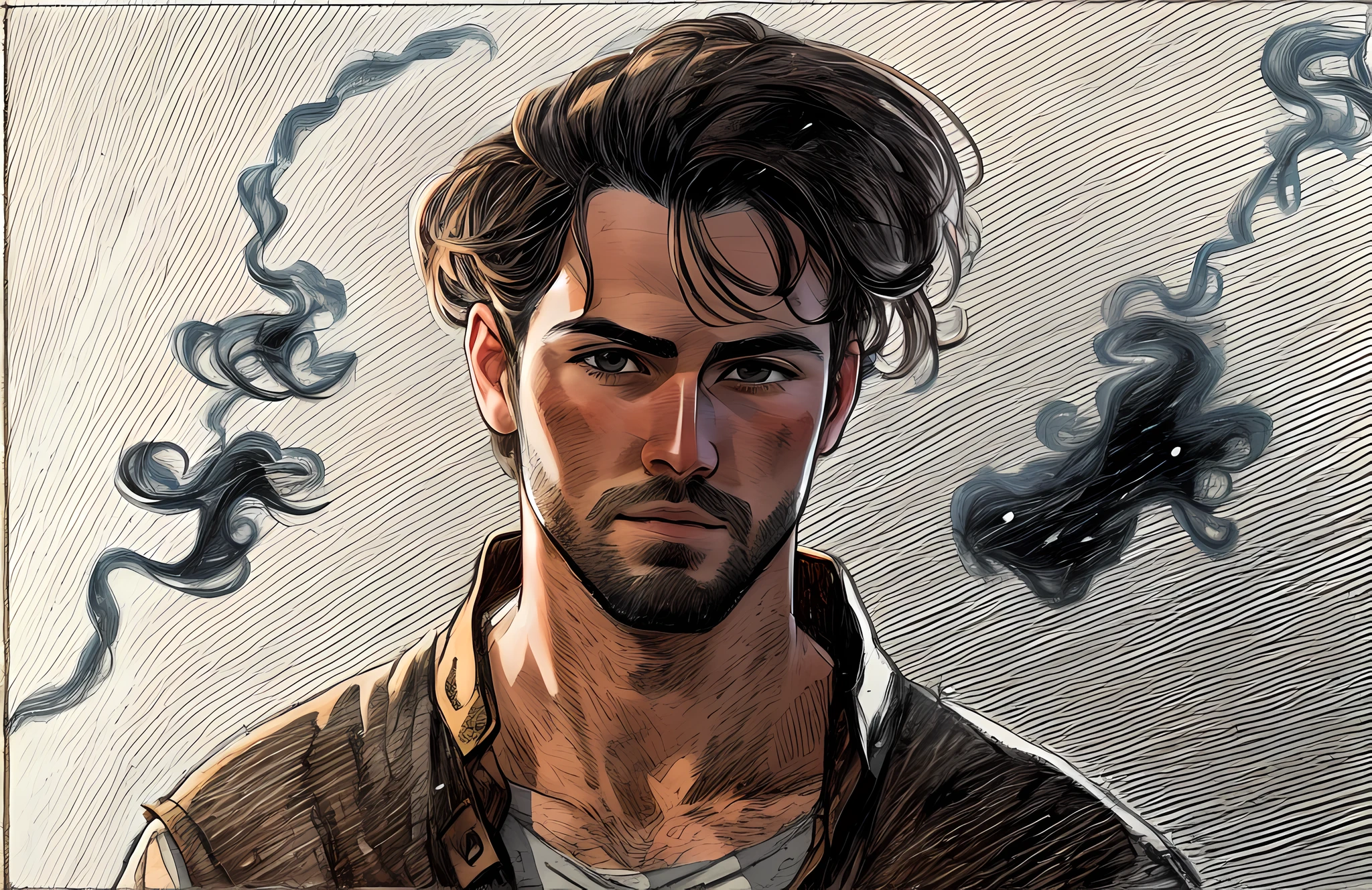 portrait of a 25-year-old Italian man, brown hair in the shape of a small topknot, dressed as a wanderer in rags, 1.75 m tall, with a sword strapped to his back. His expression is serious and deep, his face has several scars. Small rays emanate from the man's skin as if he has powers. In the background there is a mountain and snow is falling. illustration inspired by the comic artist Fiona Staples. Art, made with charcoal on paper, highlighting the texture and contrast of the snowy landscape and the rustic appearance of the man.
