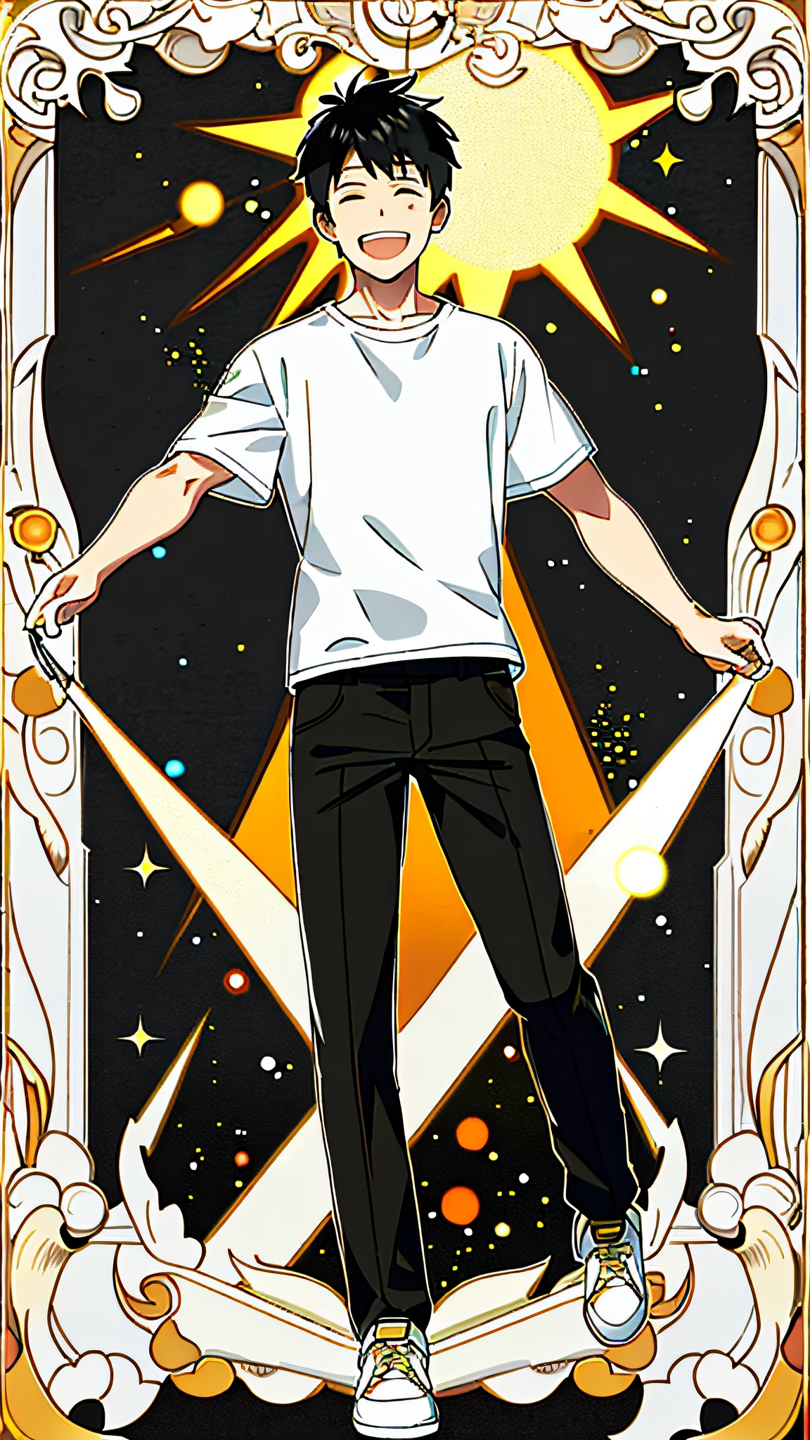 masterpiece, best quality, full body, card, 1 man, the sun, happy, laugh, short hair, black hair, brush cut, white shirt, standing, white, light, music, art, yellow, orange, black, buzz cut, bara, street style, white t-shirt, short pant, sport, center, man, looking at viewer