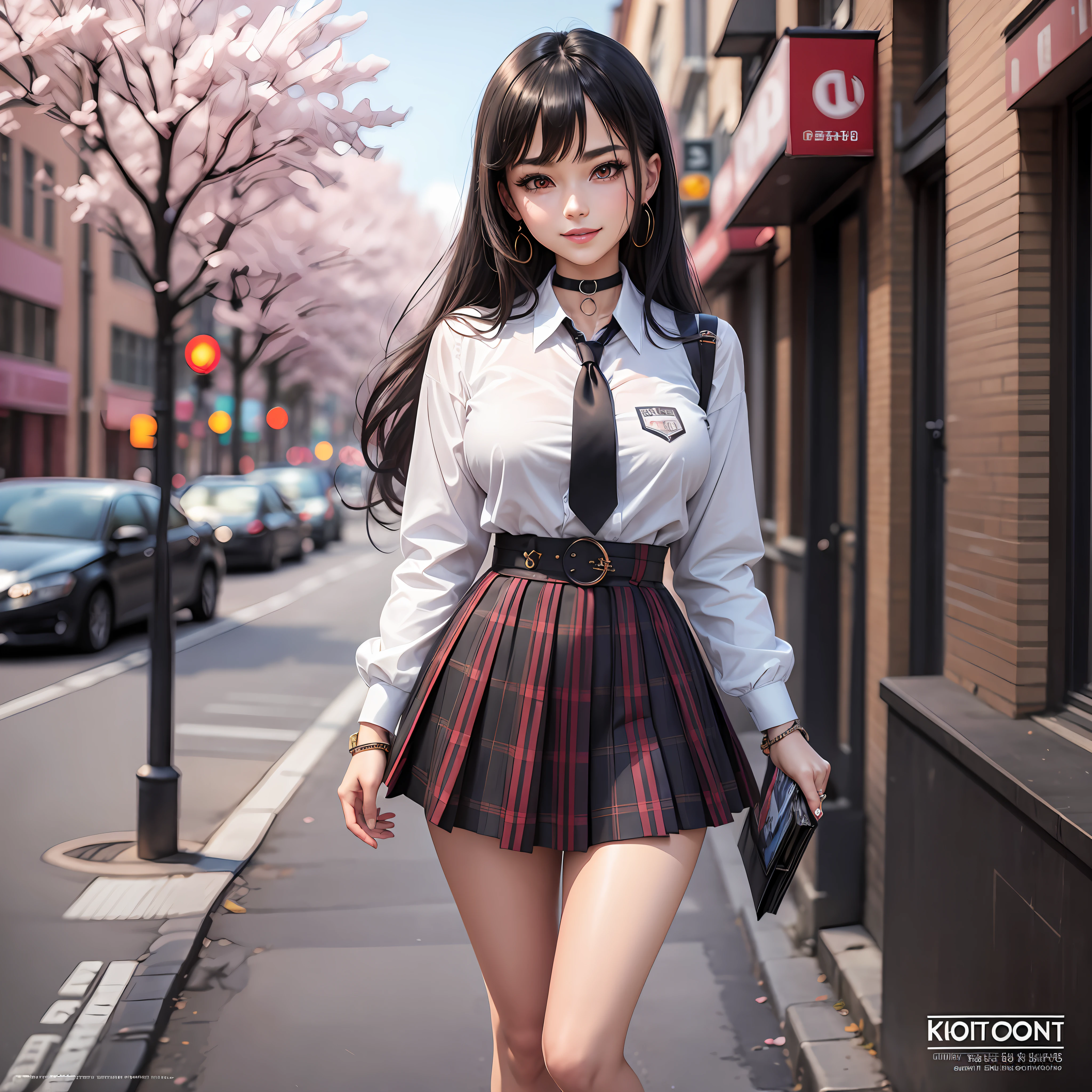 masterpiece, best quality, full body, 1girl, bangs, black choker, black necktie, black hair, blue skirt, blush, bracelet, breasts, choker, clothes around waist, collarbone, collared shirt, cowboy shot, dress shirt, ear piercing, eyebrows visible through hair, gradient hair, grin, gyaru, jewelry, kogal, long hair, looking at viewer, loose necktie, necktie, piercing, plaid, plaid skirt, pleated skirt, red eyes, ring, school uniform, shirt, skirt, smile, solo, white shirt, street, sky, cherry blossoms, petals,illustration, (magazine:1.3), (cover-style:1.3), fashionable, woman, vibrant, outfit, posing, front, colorful, dynamic, background, elements, confident, expression, holding, statement, accessory, majestic, coiled, around, touch, scene, text, cover, bold, attention-grabbing, title, stylish, font, catchy, headline, larger, striking, modern, trendy, focus, fashion, --auto --s2