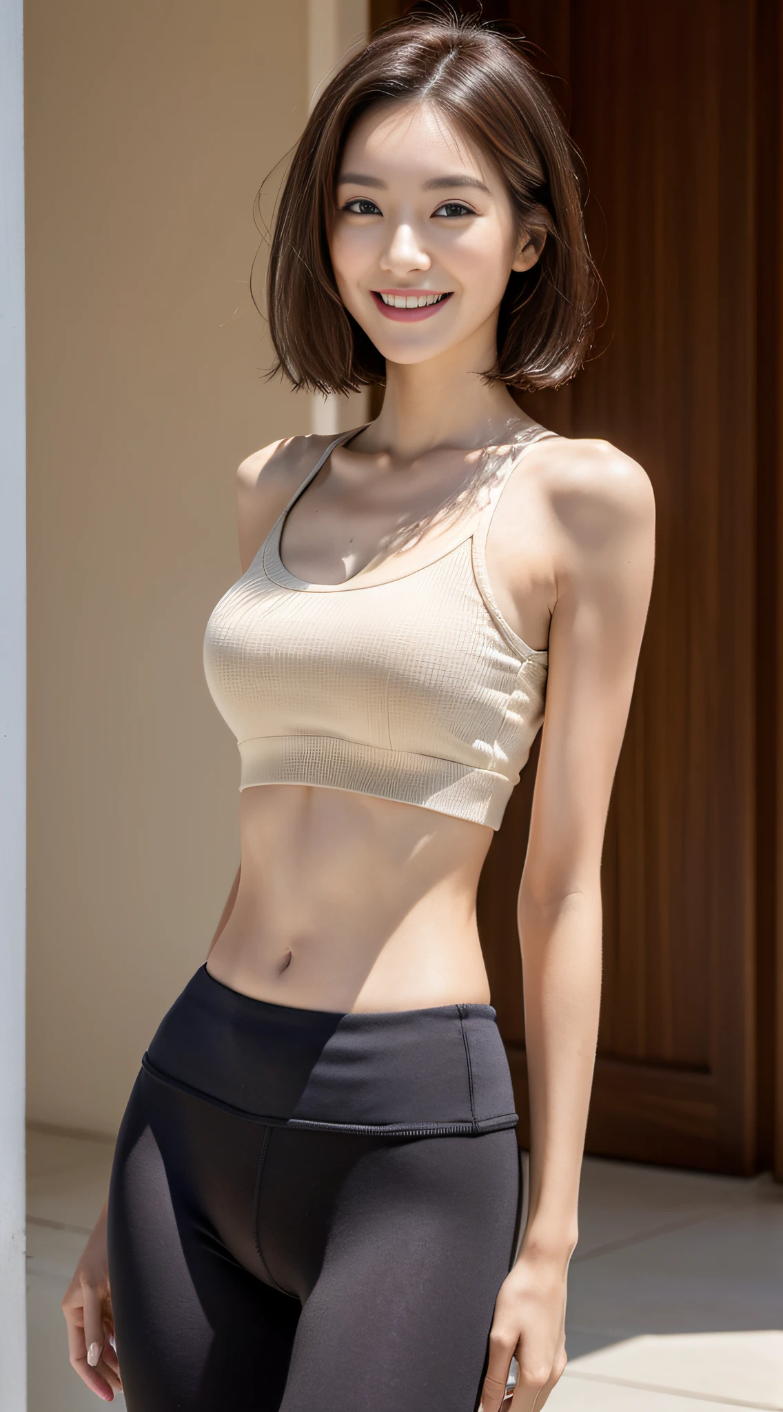 ((Best Quality, 8K, Masterpiece: 1.3)), a tall and beautiful woman, perfect figure: 1.4, slender abs, dark brown hairstyle, short hair, yoga pants, without any posture movements, standing straight, highly detailed face and skin texture, detailed eyes, double eyelids, smiling