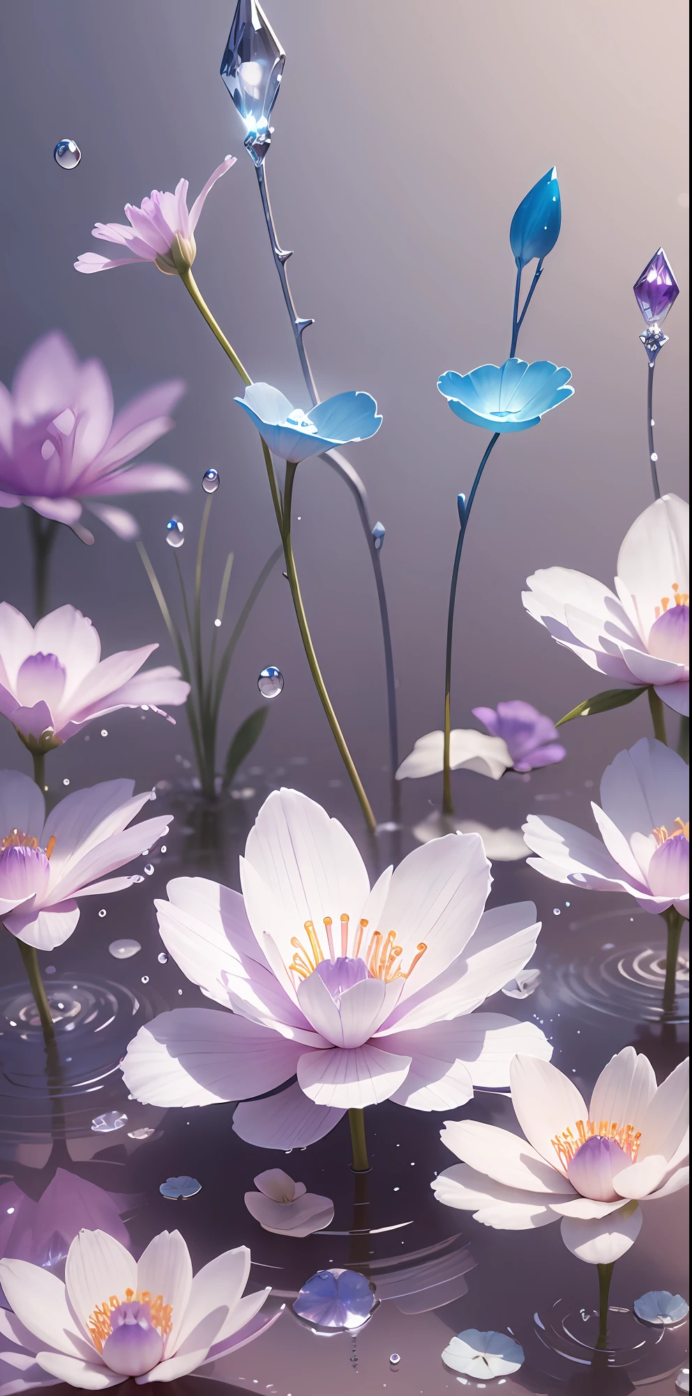 one white flower with blue water drops splashing, in the style of light violet and light silver, 8k 3d, delicate lines, whimsical dreamscapes, made of crystals, multi-coloured minimalism, daz3d --ar 4:5 --s 750 --v 5
