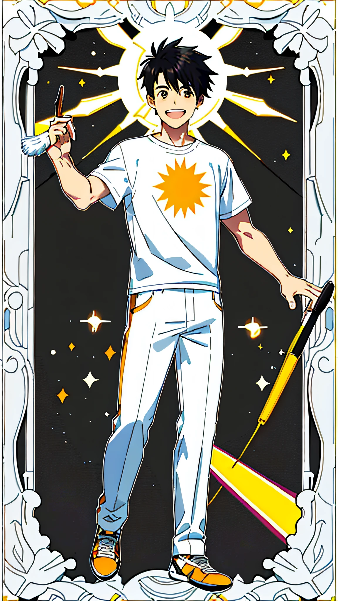 masterpiece, best quality, full body, card, 1 man, the sun, happy, laugh, short hair, black hair, brush cut, white shirt, standing, white, light, yellow, orange, black, buzz cut, bara, street style, white t-shirt, short pant, sport, center, man, looking at viewer