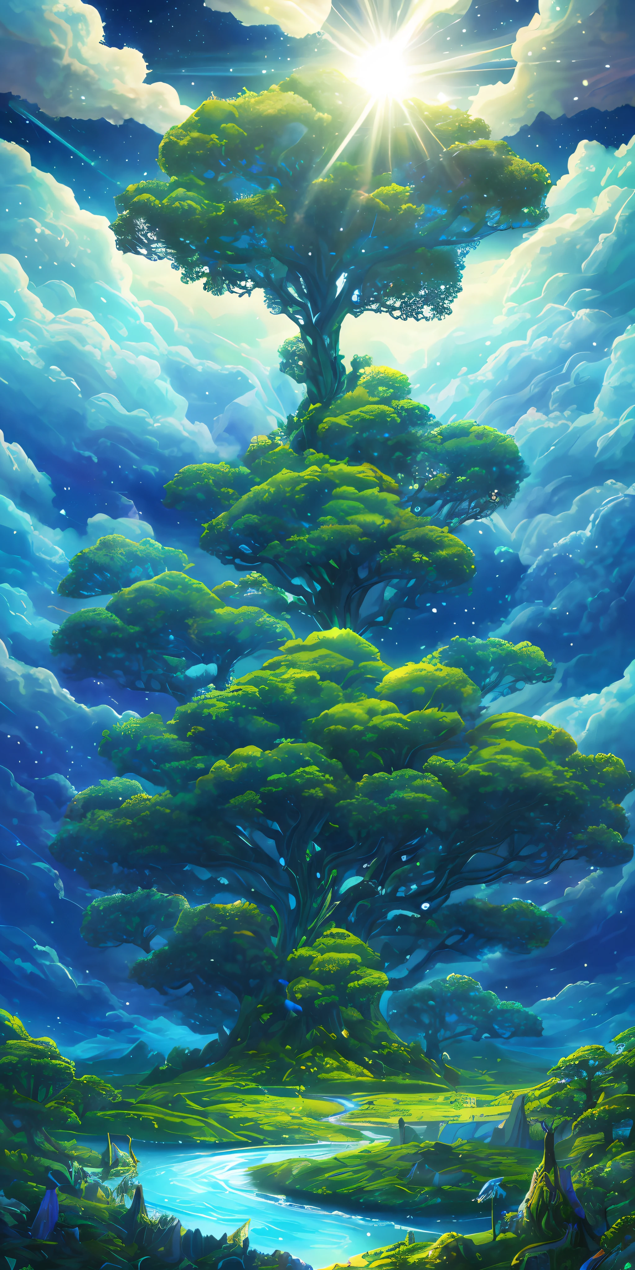 Illustration of a surreal, otherworldly, hyper sky scene including a giant crystal tree full body, highly detailed and magical lighting, intricate forest details, vegetation and surrounding river, solar punk, landscape, giant tree , beautiful green leaves, beautiful lighting and realistic proportions, as if this is a movie background, 8k, highest quality, masterpiece, clouds and stars in the sky.