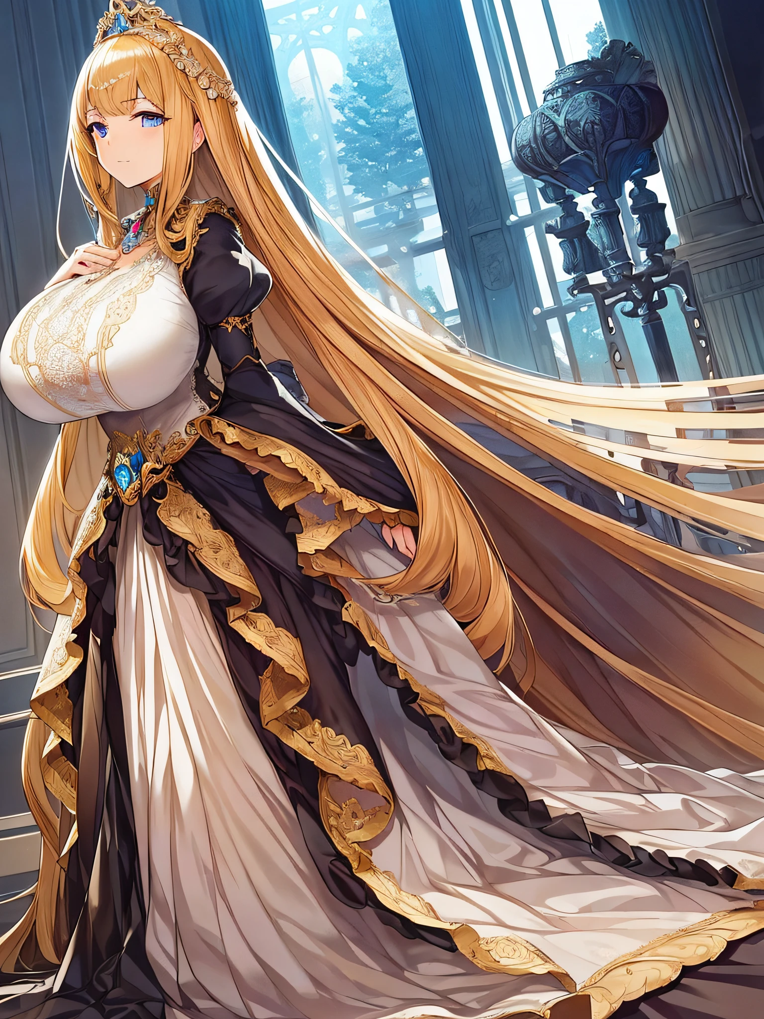 ((anime moe artstyle)),noble atmosphere,(Masterpiece), (Best Quality), (Super Detail),Illustration,(Very Delicate and Beautiful),Focus on character,Dynamic Angle,Looking at viewer,(((Solo))),((Full body)),(((1 gorgeous noble princess in ball gown with a voluminous skirt))),detailed face and eyes,jewel-like eyes,(Very Long Hair),(gorgeous embroidery and lace),See-through,ornate ruffles,(gigantic breasts,Long breasts),(gorgeous ball gown with a voluminous skirt),