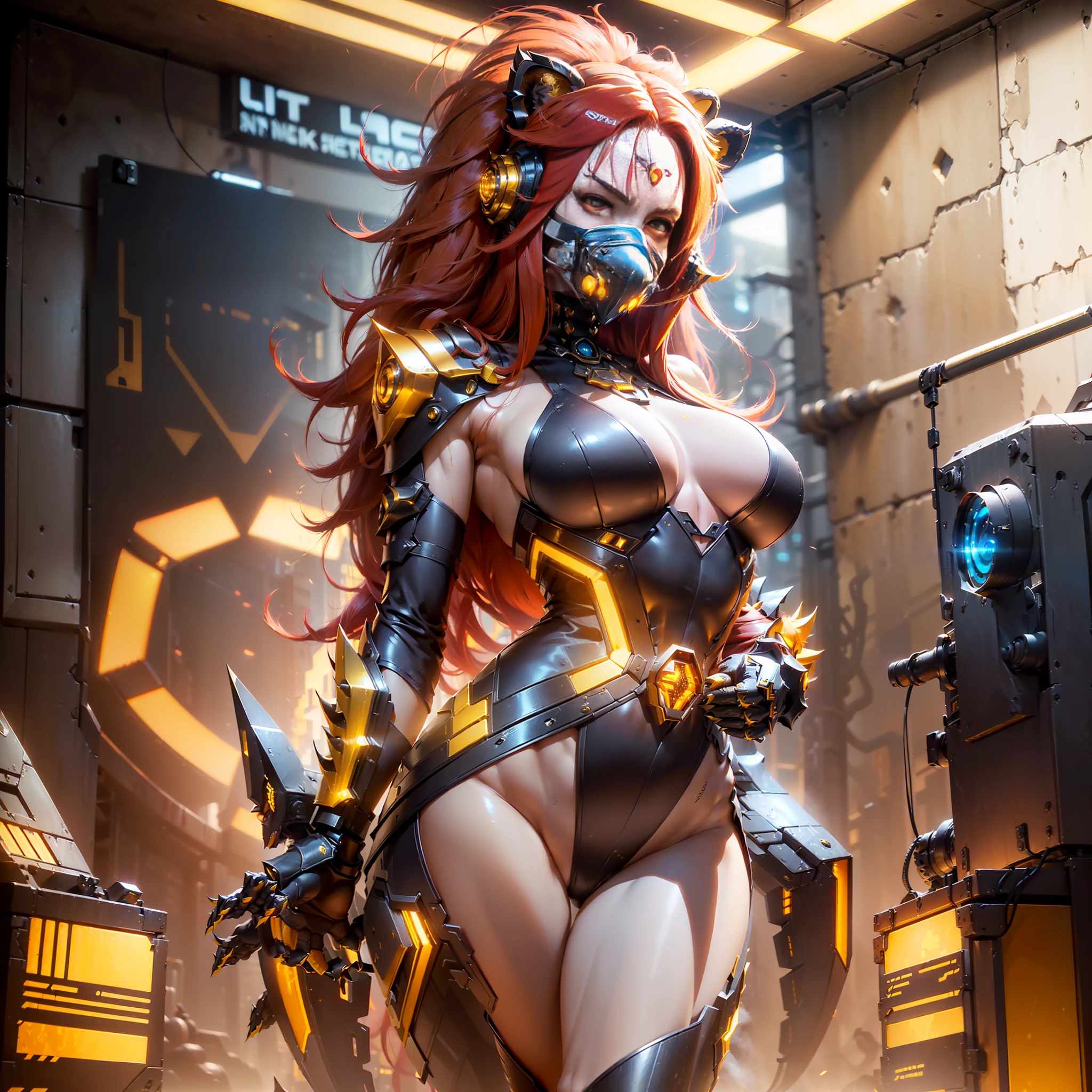 ((Best Quality)), (Masterpiece)), (Details: 1.4), 3D, ((Image of a beautiful lion woman in a golden cyberpunk suit like a cost with metal claws)), ((Brown black skin)), (glaring gaze)), ((Full face cyber helmet with a lion standing hair ornament that obscures the face)), Shockers Belt, (Mechanical lion tail) , ((Yellow Beast Style)), ((((Full face mask inspired by beast fangs covering the mouth))), ((Distinctive legs)), HDR, Ray Tracing, Super Resolution, Subsurface Scattering, PBR Texturing, Post-Processing, Anisotropic Filtering, Depth of Field, Maximum Clarity and Sharpness, Multi-Layer Textures, Albedo and specular maps, surface shading, accurate simulation of light material interactions, perfect proportions, (((red long hair)), sharp eyeliner, (full body)), sharp focus, octane rendering, two-tone lighting, wide aperture, low ISO, white balance, third rule, 8K RAW, Circuit Board AI, 4k, Fog, ((Cyber Lab Background)), ((Beautiful African Woman)), ((Human Five Fingers)), (Chest Armor)), Wild Side, Jungle