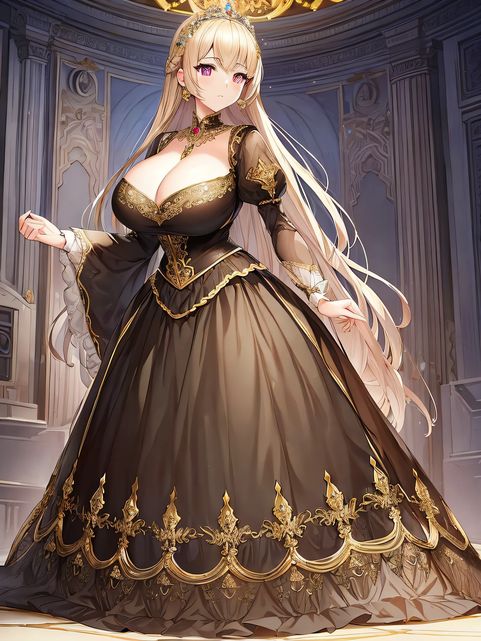 ((anime moe artstyle)),noble atmosphere,((game CG)),(Masterpiece), (Best Quality), (Super Detail),Illustration,(Very Delicate and Beautiful),Focus on character,Dynamic Angle,Looking at viewer,(((Solo))),((Full body)),(((1 gorgeous noble princess in ball gown with a voluminous skirt))),detailed face and eyes,jewel-like eyes,(Very Long Hair),(gorgeous embroidery and lace),See-through,ornate ruffles,(gigantic breasts,Long breasts),(gorgeous ball gown with a voluminous skirt),