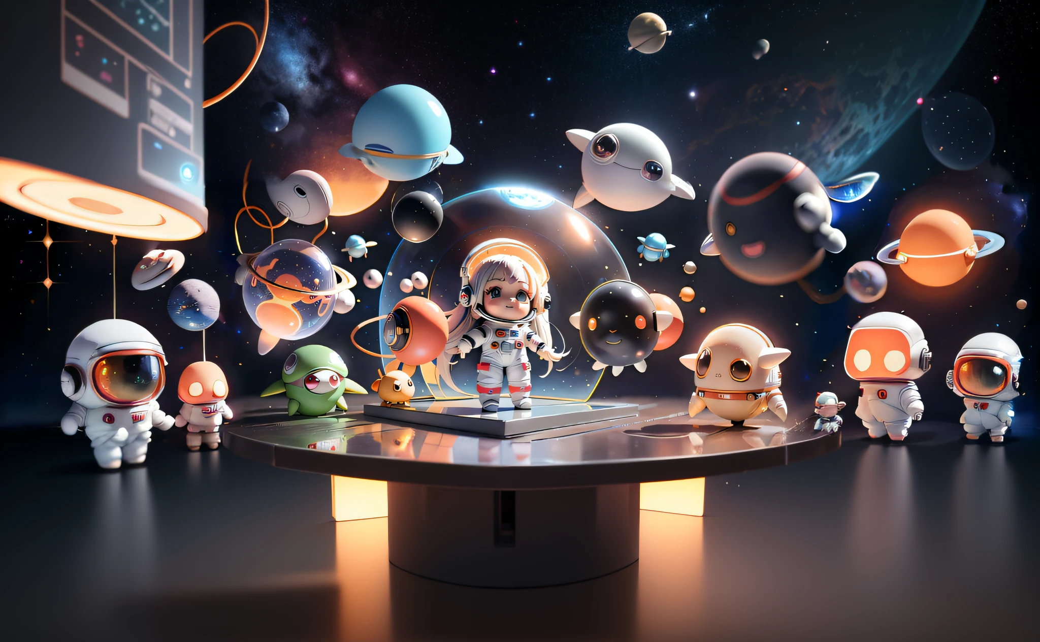 Super cute girl full body 3D picture, 1pc, good looking eyes, big eyes, cute, happy, c4d, pop matt blind box, white long hair, glowing bubbles, toys, solid color background, chibi, fluorescent translucency, luminous body, kawaii, doll, (((astronaut, spacesuit))), reference table, pop mart blind box, Pixar, complex details, 3d rendering, blender, OC renderer, fol body reference sheet, Dribble, High Details, 8K, Studio Lighting, Loli, Petite, Child, Chibi, SD characters: 1.1, Magic Space Warehouse background