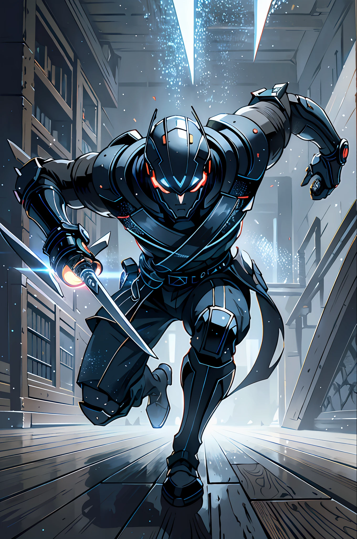 (best quality, masterpiece), with fine and dramatic style, a male android wielding a katana cuts the floor in dynamic plane, in an immersive background with cold lighting, conveying a dark tone.