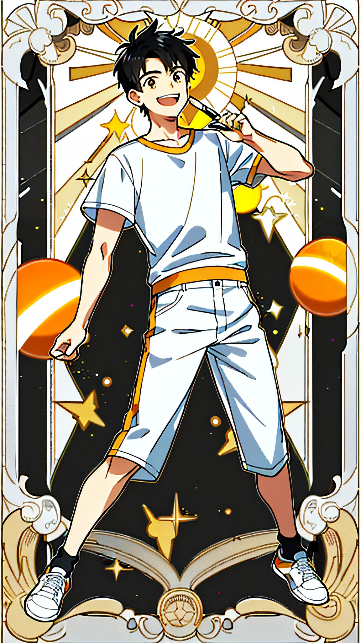 masterpiece, best quality, full body, card, 1 man, the sun, happy, laugh, short hair, black hair, brush cut, white shirt, standing, white, light, yellow, orange, black, buzz cut, bara, street style, white t-shirt, short pant, sport, center, man, looking at viewer