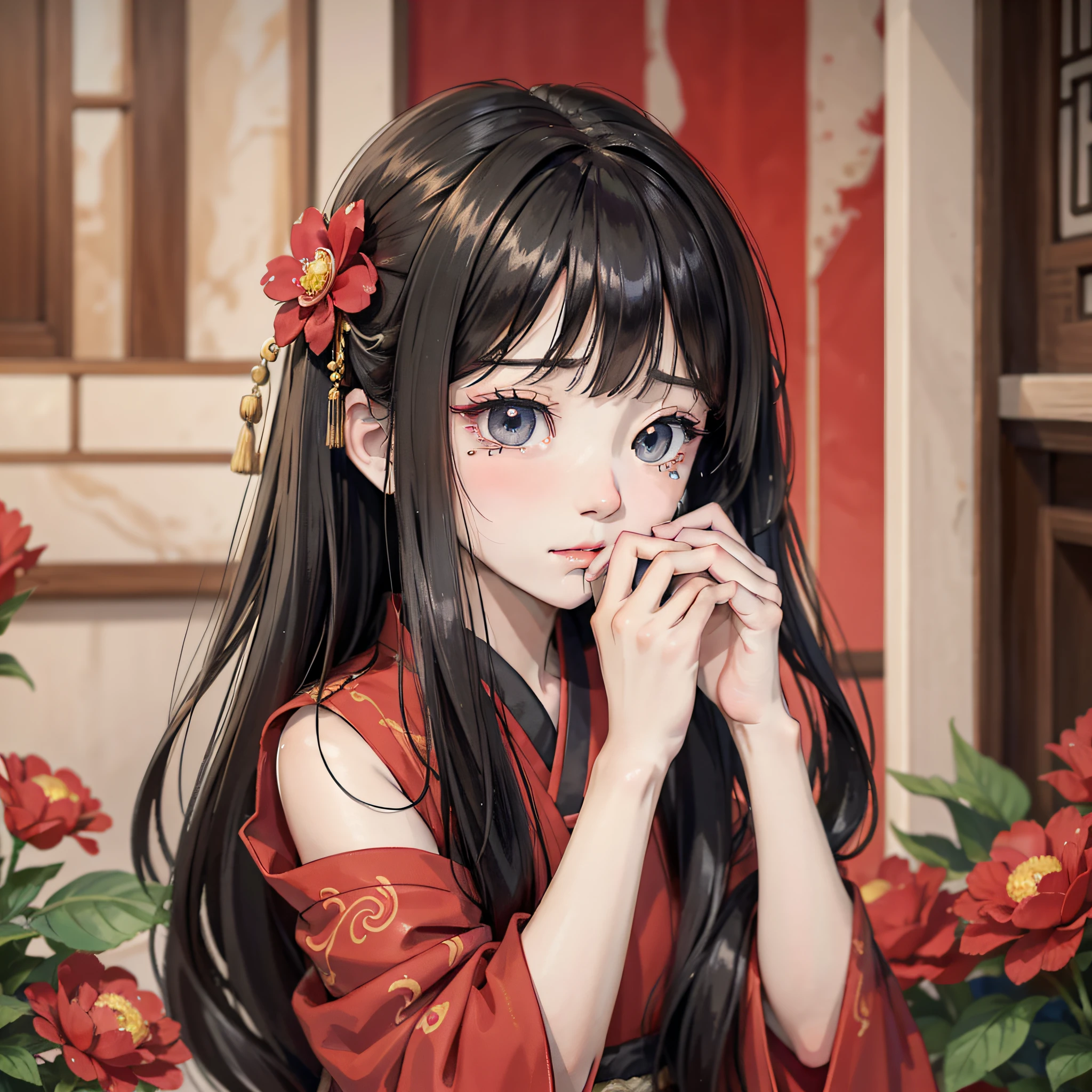 Ancient Chinese anime girl with long black hair and about 10 years old wearing red Hanfu, red flower 1.3 (crying expression 1.5) (tear wiping action) (tear 1.8) (open mouth crying 1.2) (background is ancient Chinese room 1.5) anime style 4 K, anime rendering, Guvez style artwork, anime style. 8k, Guvitz, beautiful anime girl, beautiful anime face, cute anime girl (big eyes full of tears 1.5) (upper body display 1.5) (crystal beautiful eyes 1.5) (poor milk 1.3) (juvenile little girl 1.3) (cinematic light 1.5)