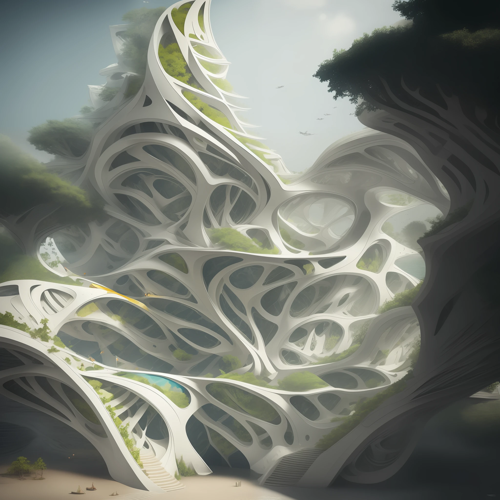 Airbrush drawing --v 5.1 style Futuristic design of an awesome sunny day environment concept art on a futuristic terrain with huge waterfalls,streams, mangroves,nature architecture, proportional,detailed,bright clouds, nature meets futuristic architecture by Santiago Calatrava and Vincent Callebaut with futuristic development, high rise made up staircases, balconies, full of composite glass facades, residential spaces carved from cliff side ,trending on artstation, beautiful lighting,In the style , fantasy, intricate, award winning, 4k, highest quality